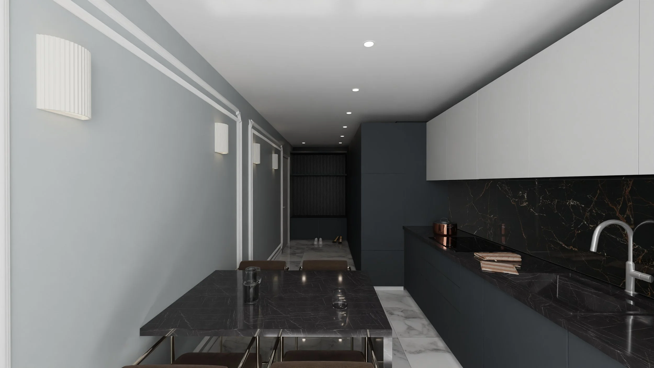 Rénovation d'un appartement en Moldavie avec cuisine moderne avec meubles hauts blancs, murs gris, plan de travail en marbre noir, appareils électroménagers, petite table, moulures. Agencement sur mesures.