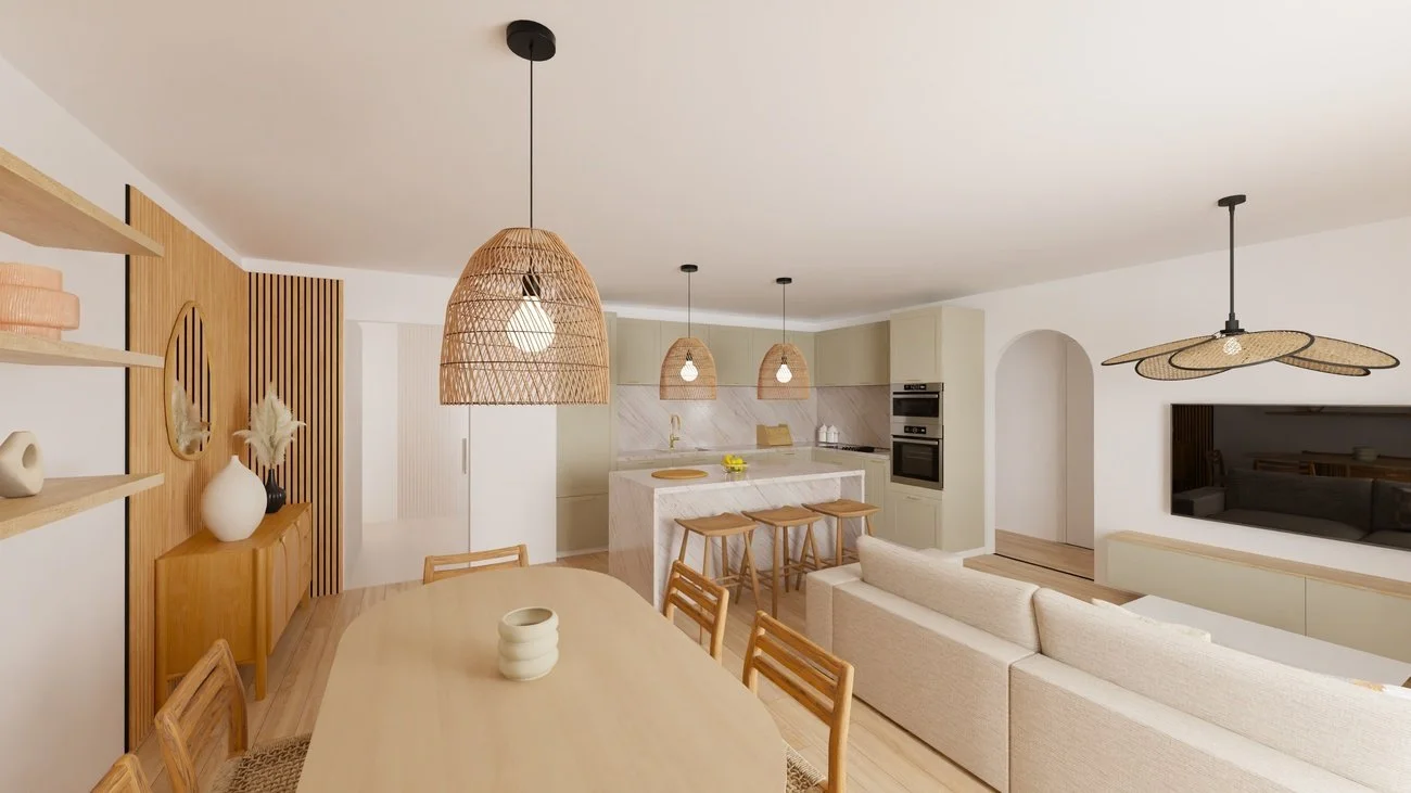 Intérieur d'une cuisine moderne en style naturel avec îlot en marbre, lampes suspendues en osier, meubles beiges, espace salle à manger avec un grand table en bois et chaises en bois, et espace salon visible avec télévision. décoration minimaliste av