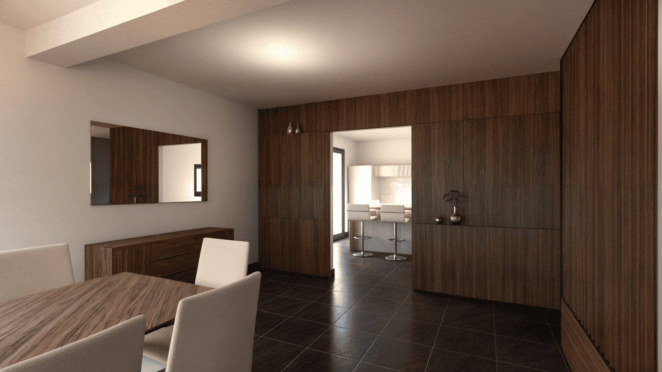 Rénovation haut de gamme d'une maison moderne avec salon avec murs en bois, miroir rectangulaire, meubles en bois, une table en bois avec des chaises beiges, une ouverture vers une cuisine avec deux hauts tabourets blancs.