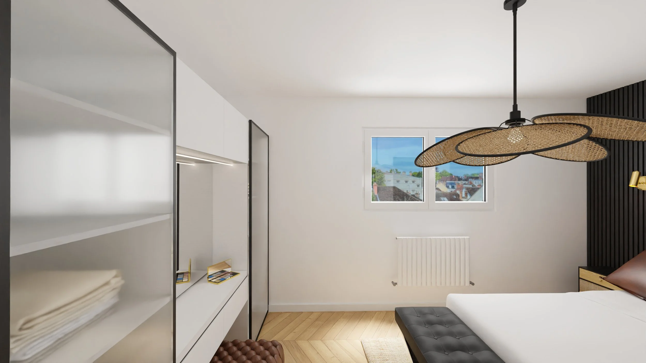 Rénovation haut de gamme d'un appartement avec chambre moderne avec un plafond blanc, une fenêtre avec vue sur un quartier résidentiel, un lampadaire en rotin suspendu, une tête de lit en cuir chocolat. Agencement sur mesures