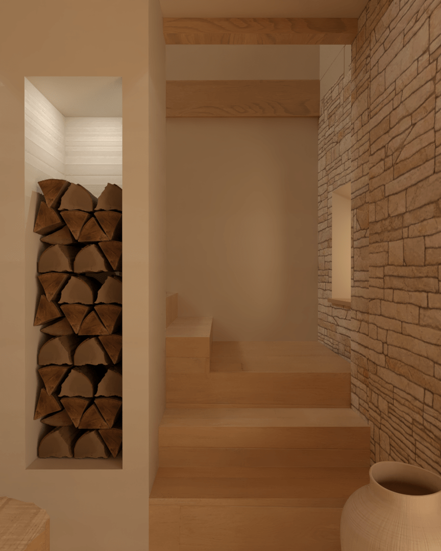 Rénovation haut de gamme d'une maison dans l'Aveyron, à Cantobre avec salon chaleureux avec un coin cheminée en brique, une niche contenant du bois empilé dans un espace en bois avec des escaliers et un mur en pierre. Agencement sur mesures.