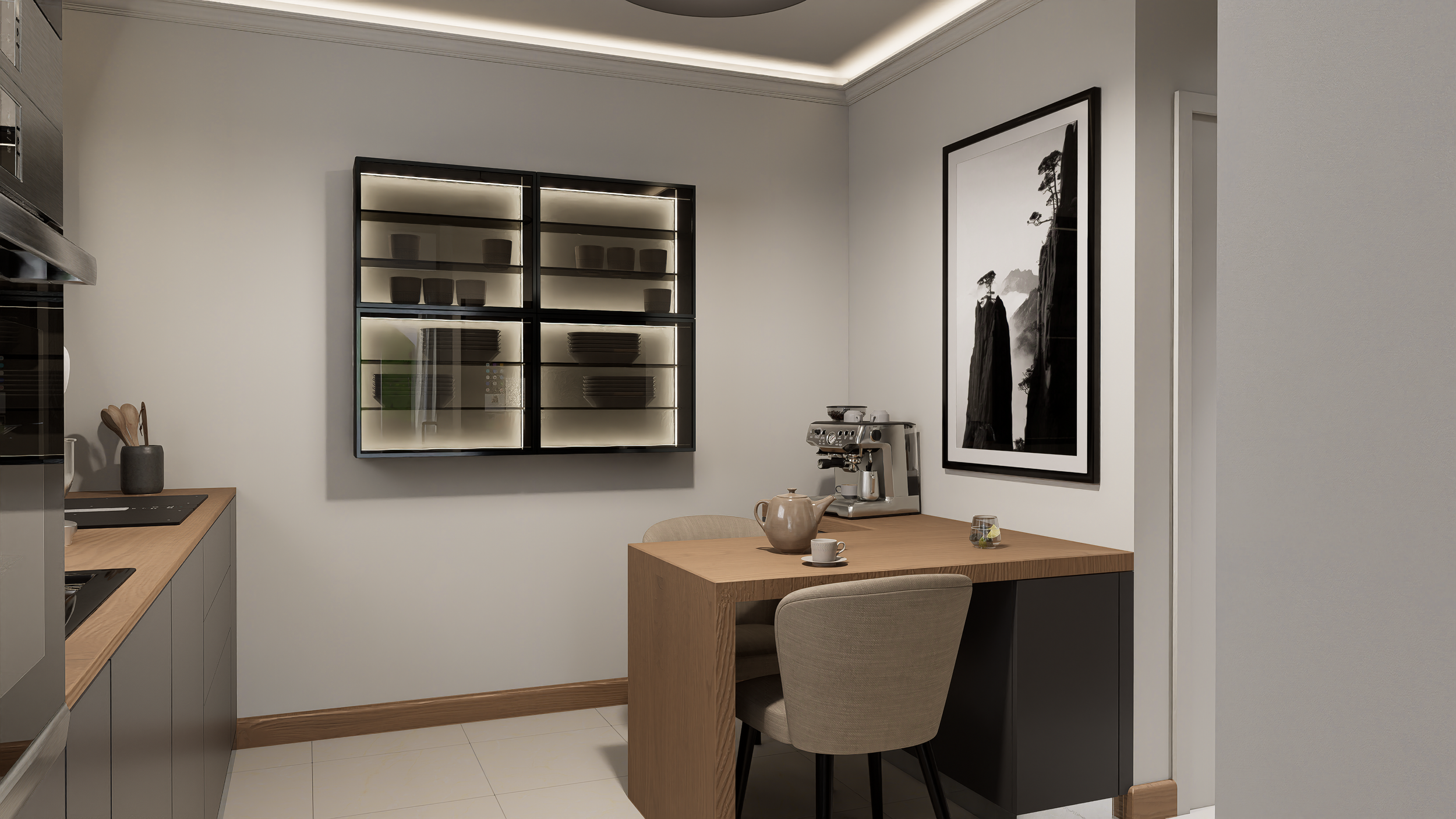 Projet de rénovation d'une maison avec une cuisine moderne avec une table en bois réalisée sur mesures, des meubles haut avec portes en verre. Agencement haut de gamme sur mesure.