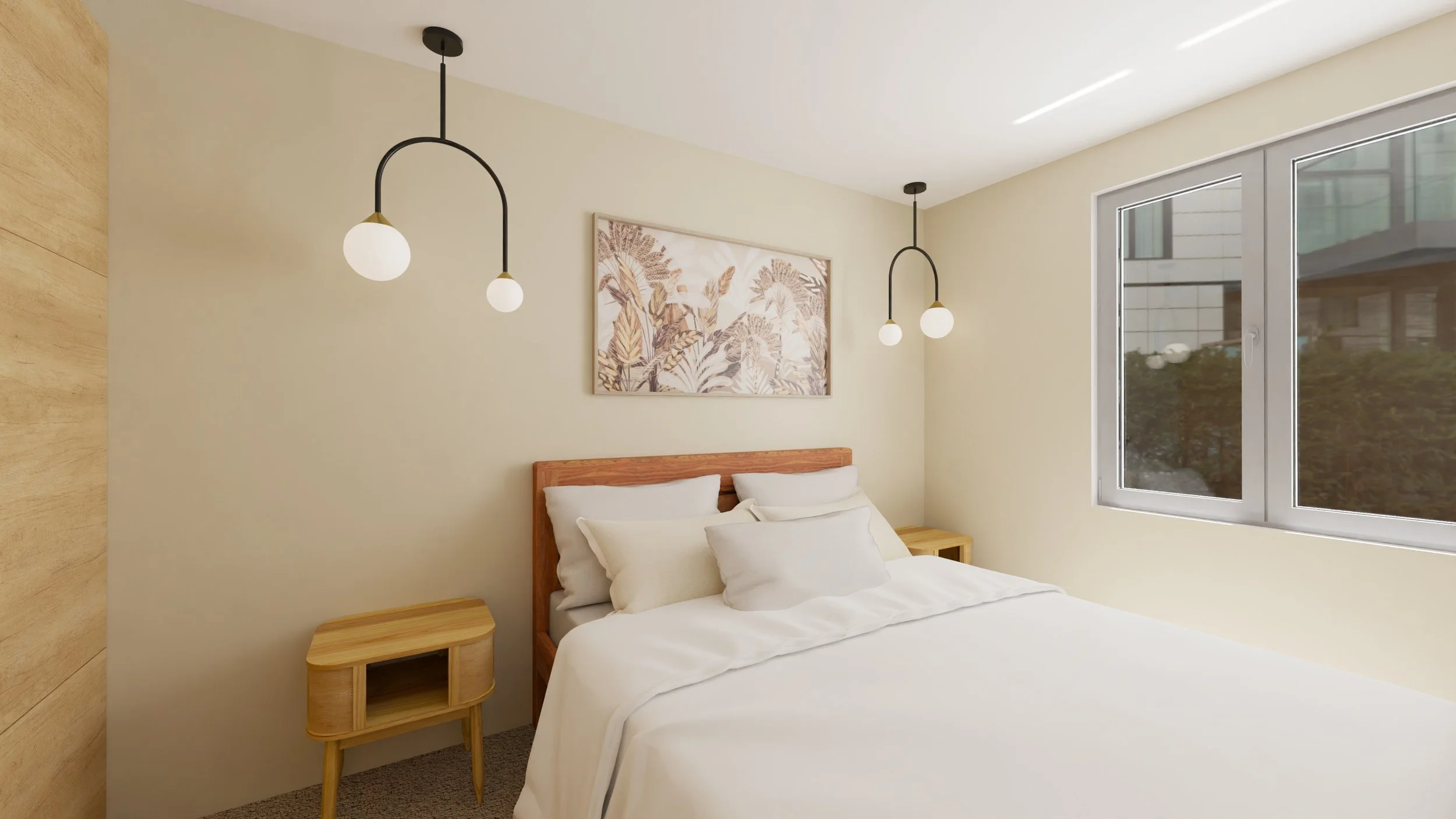 Rénovation haut de gamme d'un appartement à Valdahon avec chambre avec lit blanc, cadres de décoration murale, fenêtres, et lampes suspendues. Agencement sur mesures.