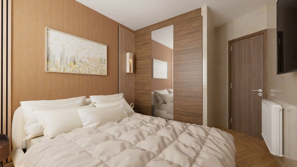 Rénovation haut de gamme d'un appartement dans Paris 12 avec chambre moderne avec lit blanc, murs en bois, miroir mural, peinture abstraite et porte en bois. Agencement sur mesures.