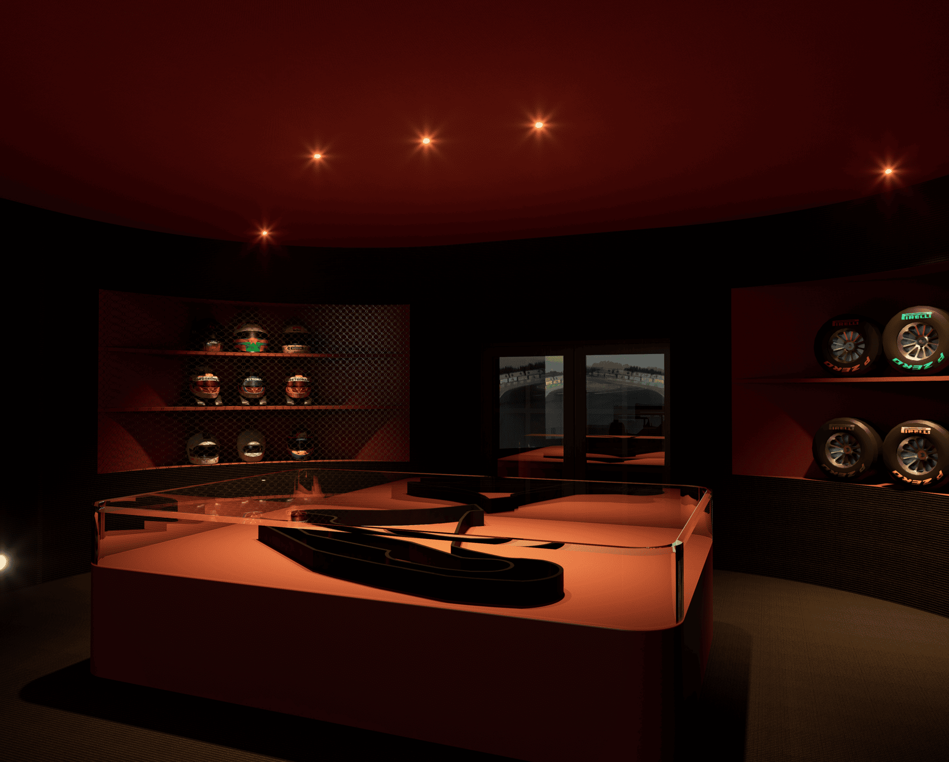 Intérieur d'une pièce sombre avec un plafond rouge avec des lampes de plafond, présentant une étagère avec des casques de course de formule 1 et des pneus de voiture de course Pirelli.