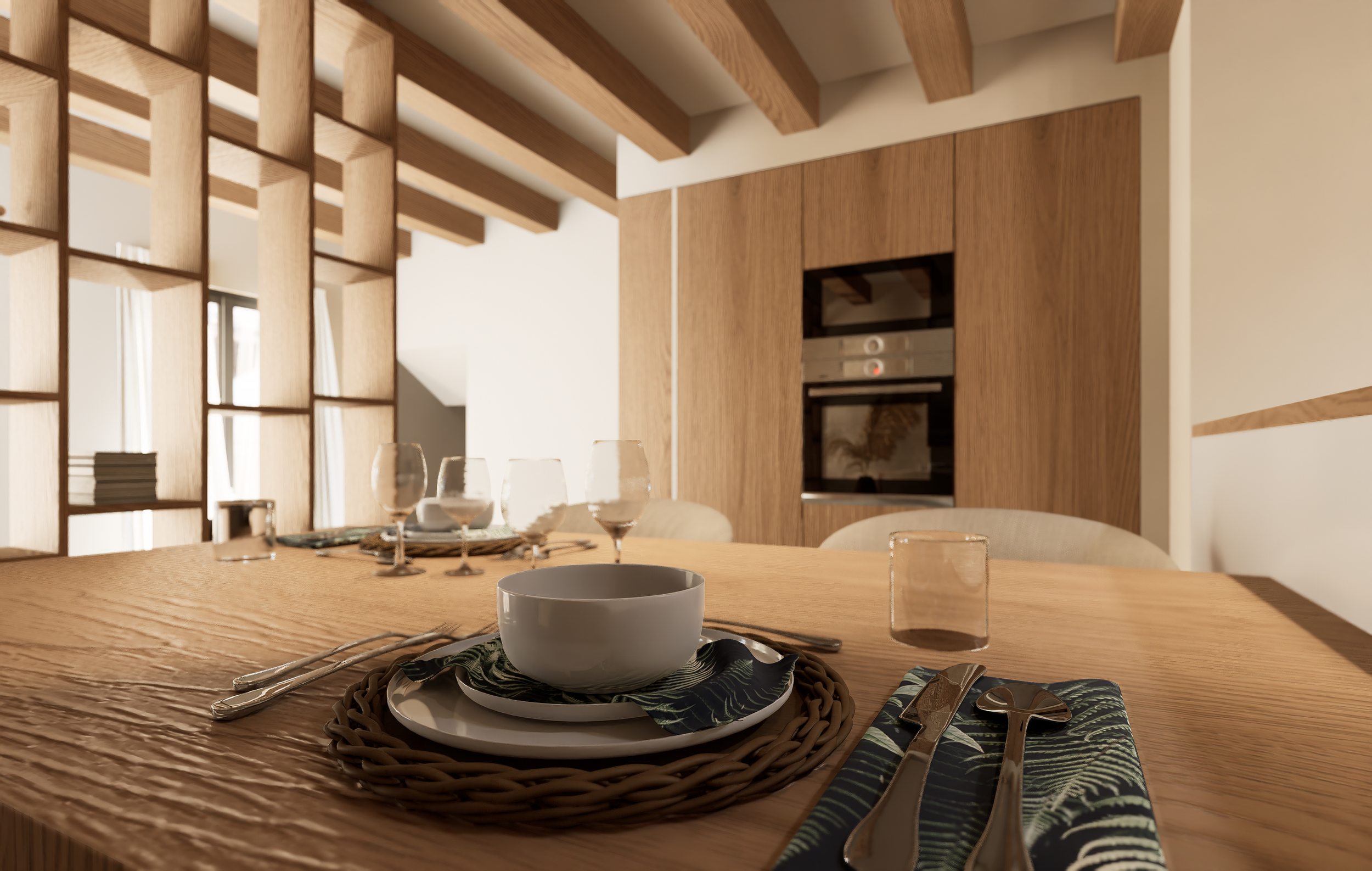 Projet de rénovation d'un appartement avec une table en bois dans une salle à manger contemporaine avec des éléments en bois. Agencement sur mesure.