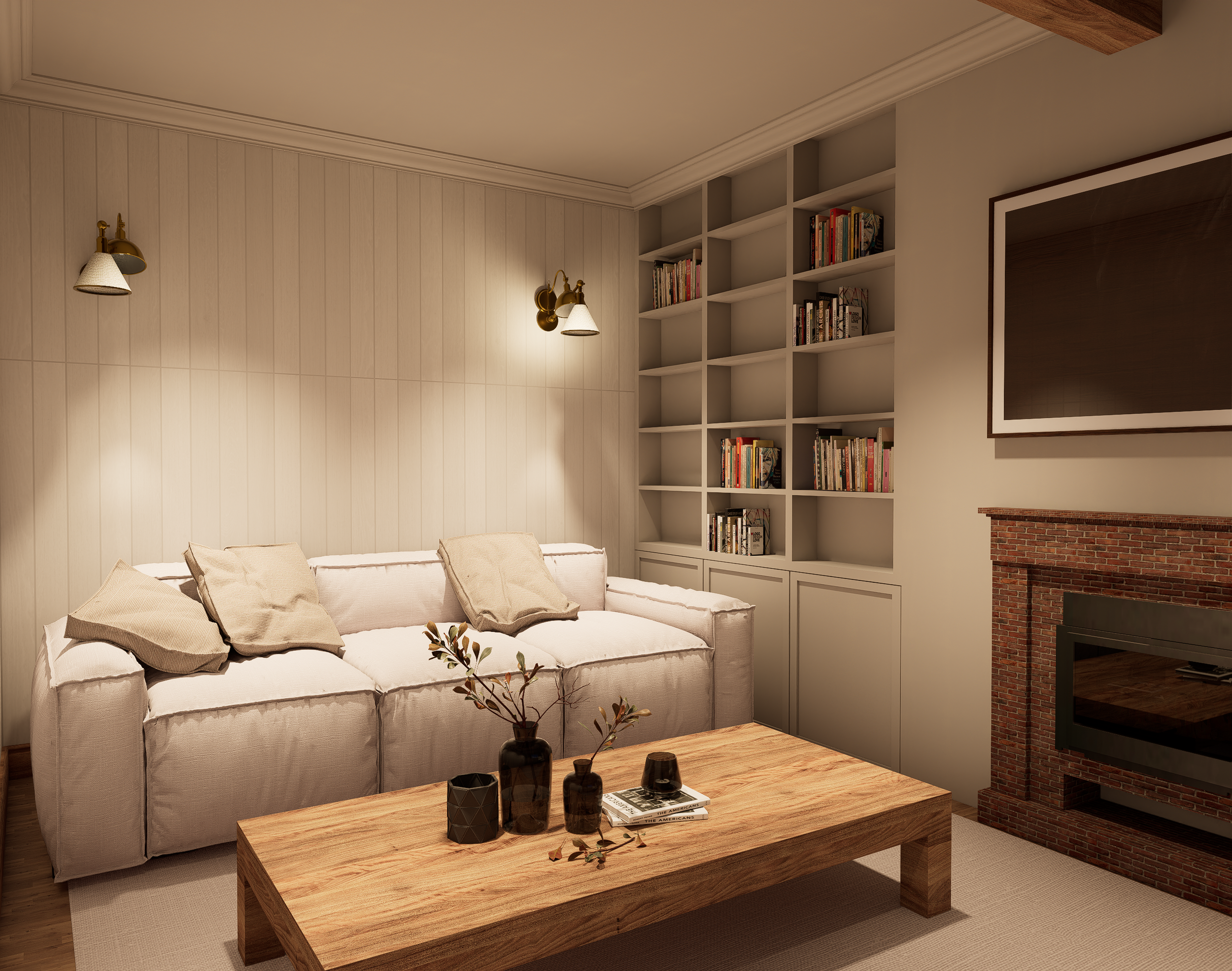 Rénovation haut de gamme d'une maison Anglaise avec salon avec canapé blanc, table en bois avec vases noirs et livres, bibliothèque avec livres, mur avec deux appliques murales, cheminée en briques. Agencement sur mesure, style rustique.