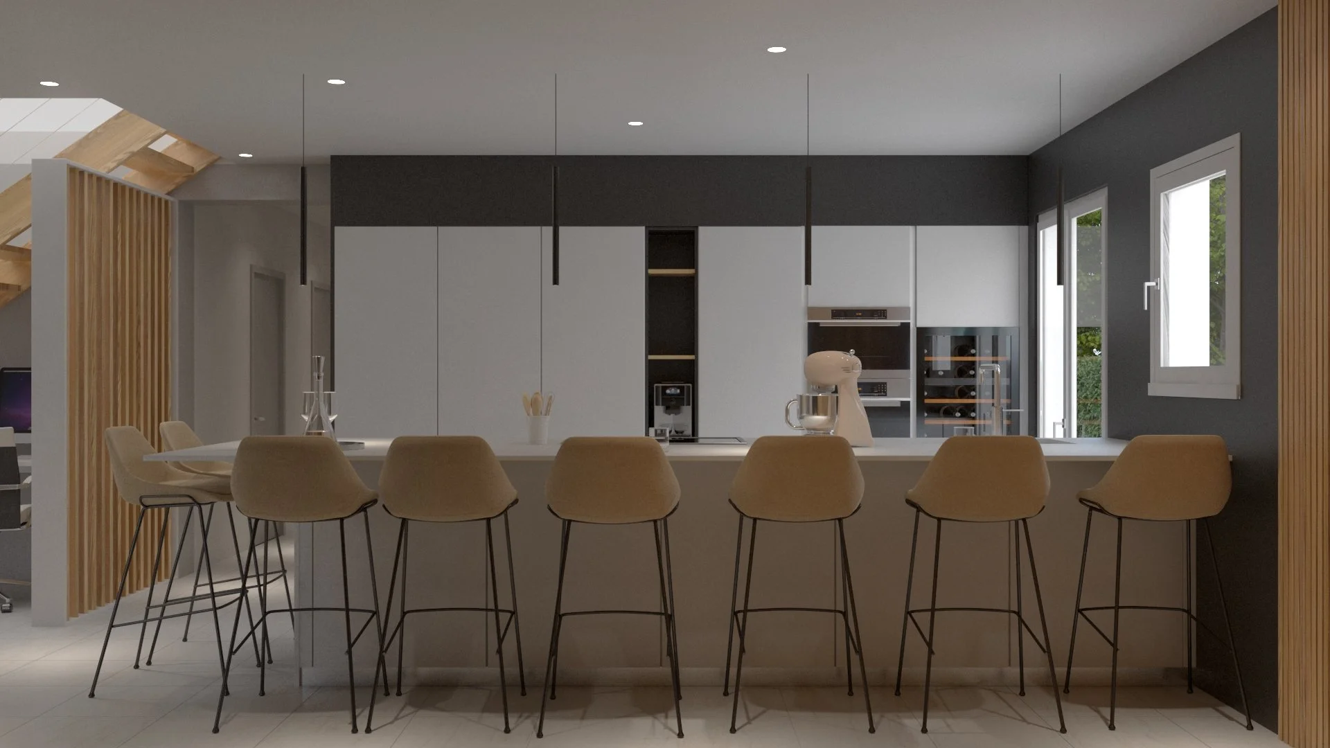 Rénovation haut de gamme d'une maison à Charnay avec cuisine moderne comprenant un ilot central, chaises beige, murs gris et en bois, grandes fenêtres avec vue sur un jardin. Agencement sur mesure.