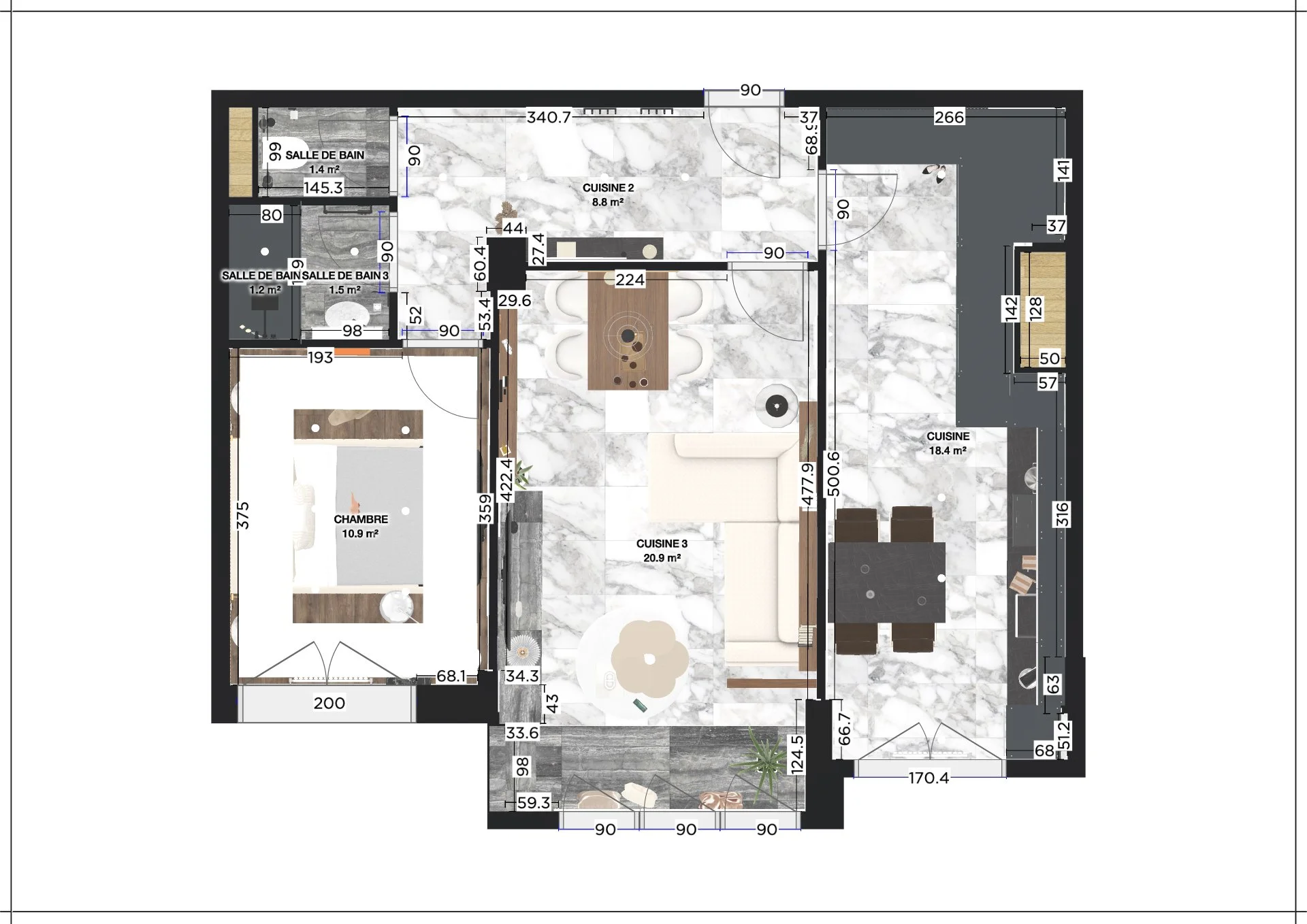 Plan texturé d'une maison en Moldavie avec chambres, cuisines, salles de bains, et meubles, avec dimensions en mètres. Rénovation haut de gamme, agencement sur mesures.