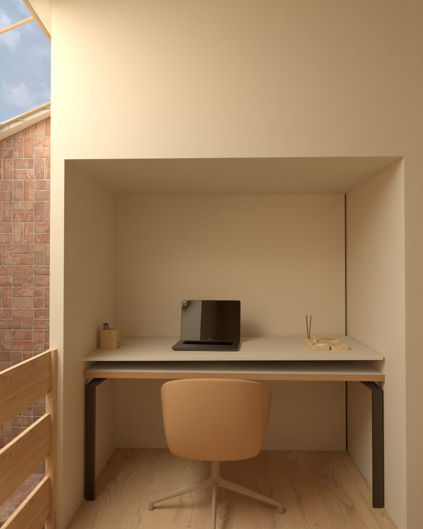 Rénovation haut de gamme d'une maison dans l'Aveyron, à Cantobre avec bureau minimaliste avec un ordinateur portable, une chaise beige, et quelques fournitures dans un coin cloisonné, avec un mur en arrière-plan. Agencement sur mesures.