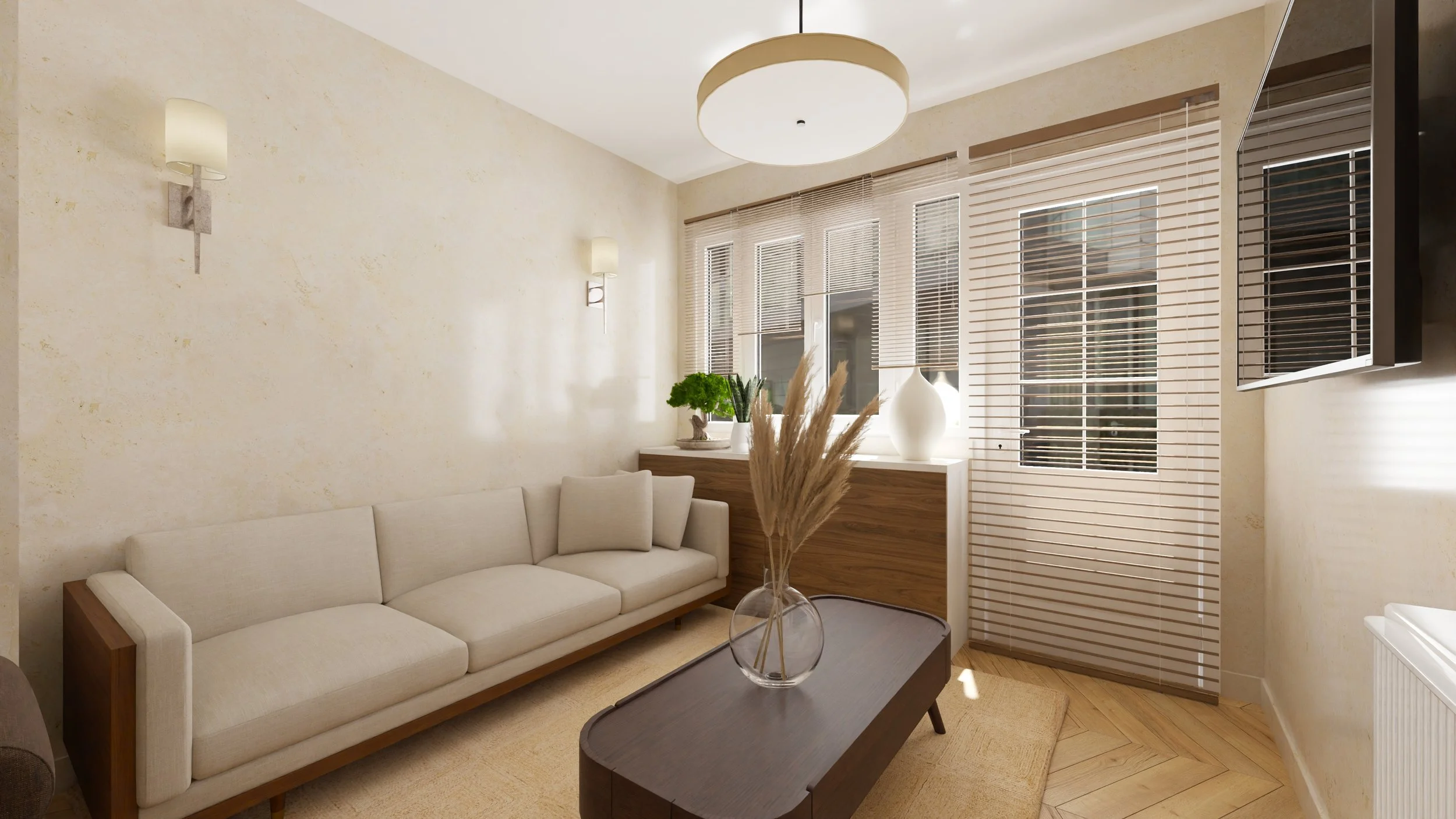 Salon moderne avec un canapé beige, une table basse en bois foncé, des plantes et des vases blancs, murs clairs et rideaux vénitiens en bois, éclairage en plafond et appliques murales.
