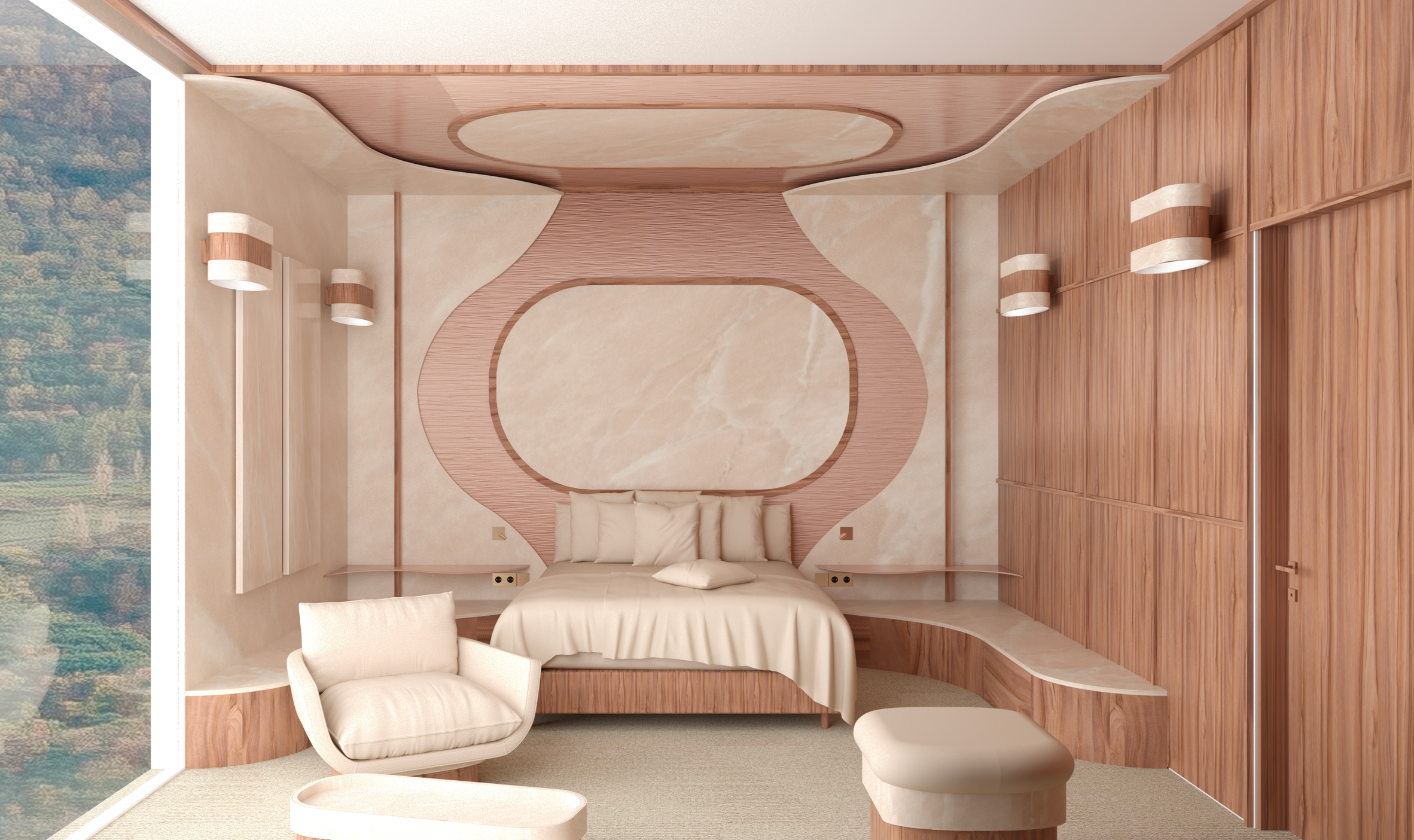 Intérieur d'une chambre moderne avec un lit beige, murs en pierre, éclairage mural, et mobilier en bois clair.