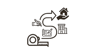 Diagramme illustrant un processus avec une flèche curvée reliant un mètre, un plan, un bâtiment, et une maison.