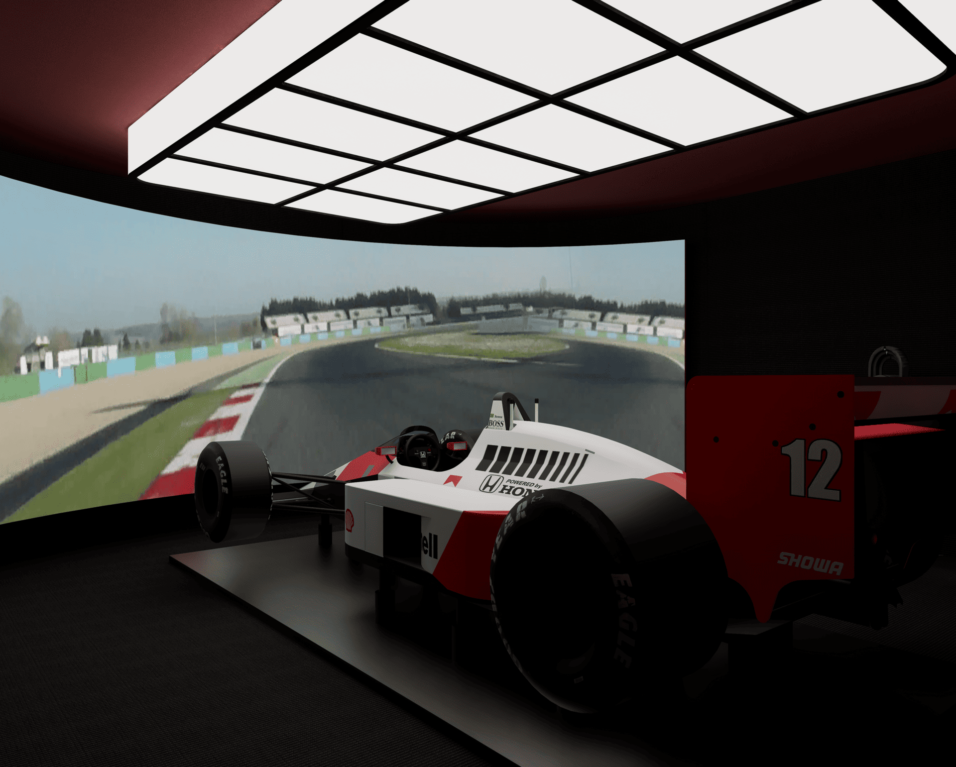 Vue de l'intérieur d'une formule 1 en paddock, montrant le tableau de bord, le volant, et une partie du capot avec le numéro 12, avec un miroir réfléchissant du circuit en arrière-plan.