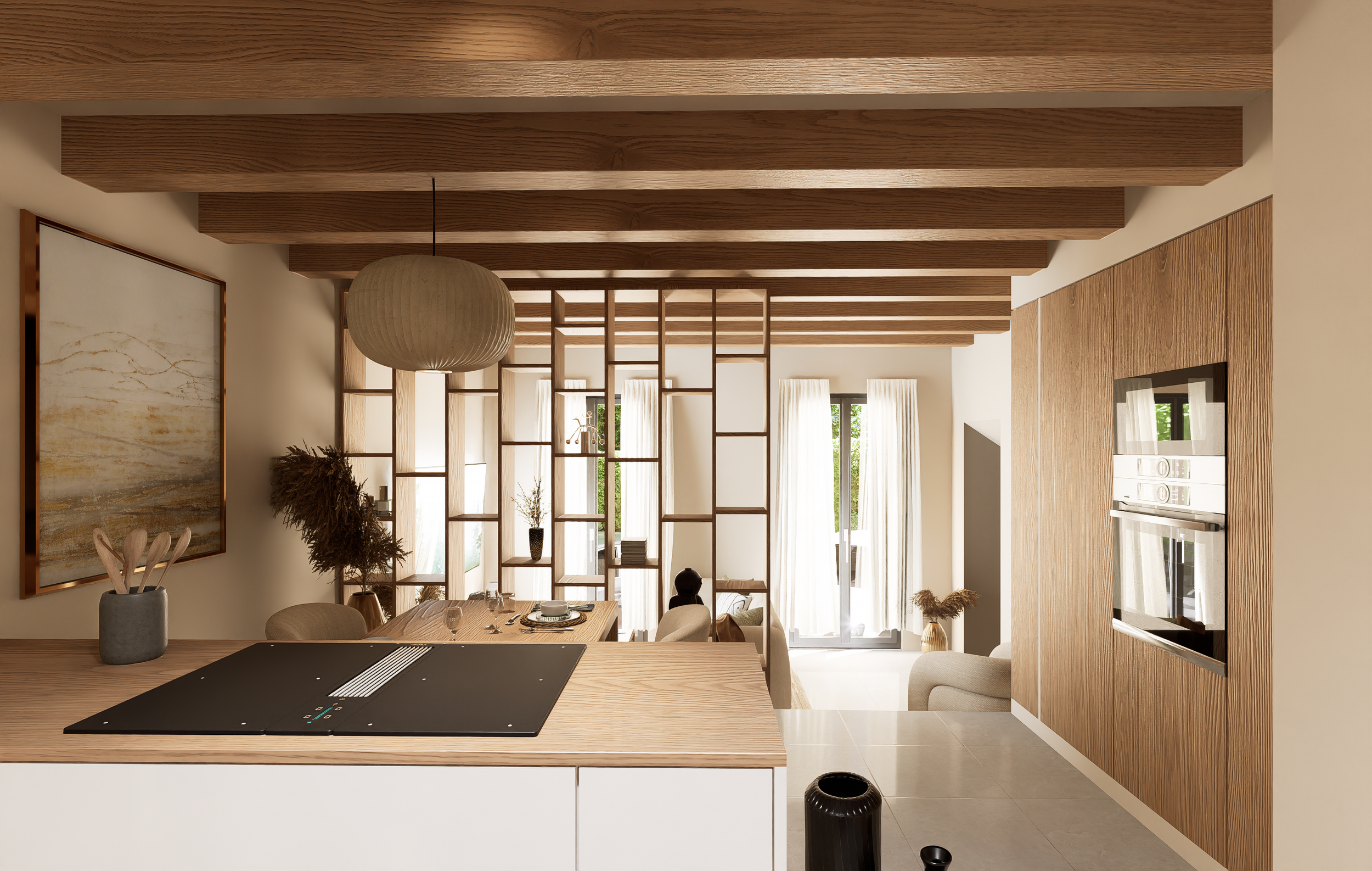 Intérieur moderne d'une pièce avec poutres en bois au plafond, une suspension en papier, un tatami, une salle à manger avec une table en bois, et une cloison en bois séparant la cuisine et le salon. Agencement sur mesure haut de gamme.