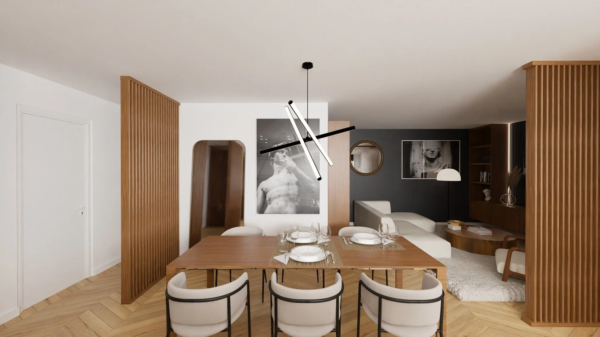 Intérieur moderne et minimaliste d'une salle à manger avec table en bois, chaises blanches, décor en bois, œuvres d'art noir et blanc au mur, lampes suspendues et meubles intégrés.