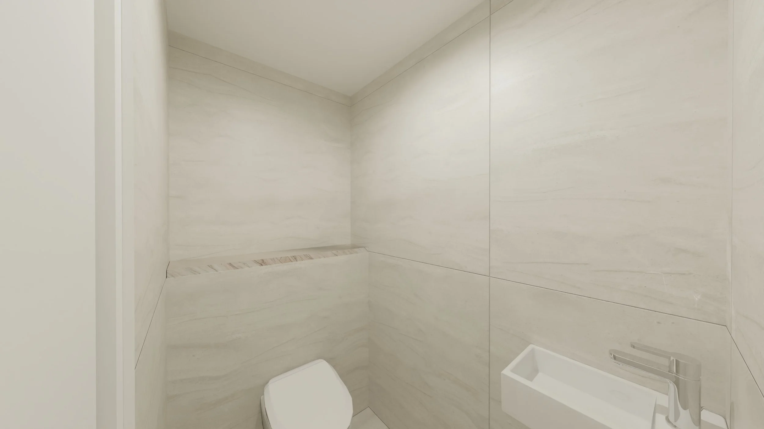 Rénovation haut de gamme d'un appartement à Valdahon avec WC minimaliste avec murs en marbre clair, une petite banquette en marbre et un lavabo en béton. Agencement sur mesures