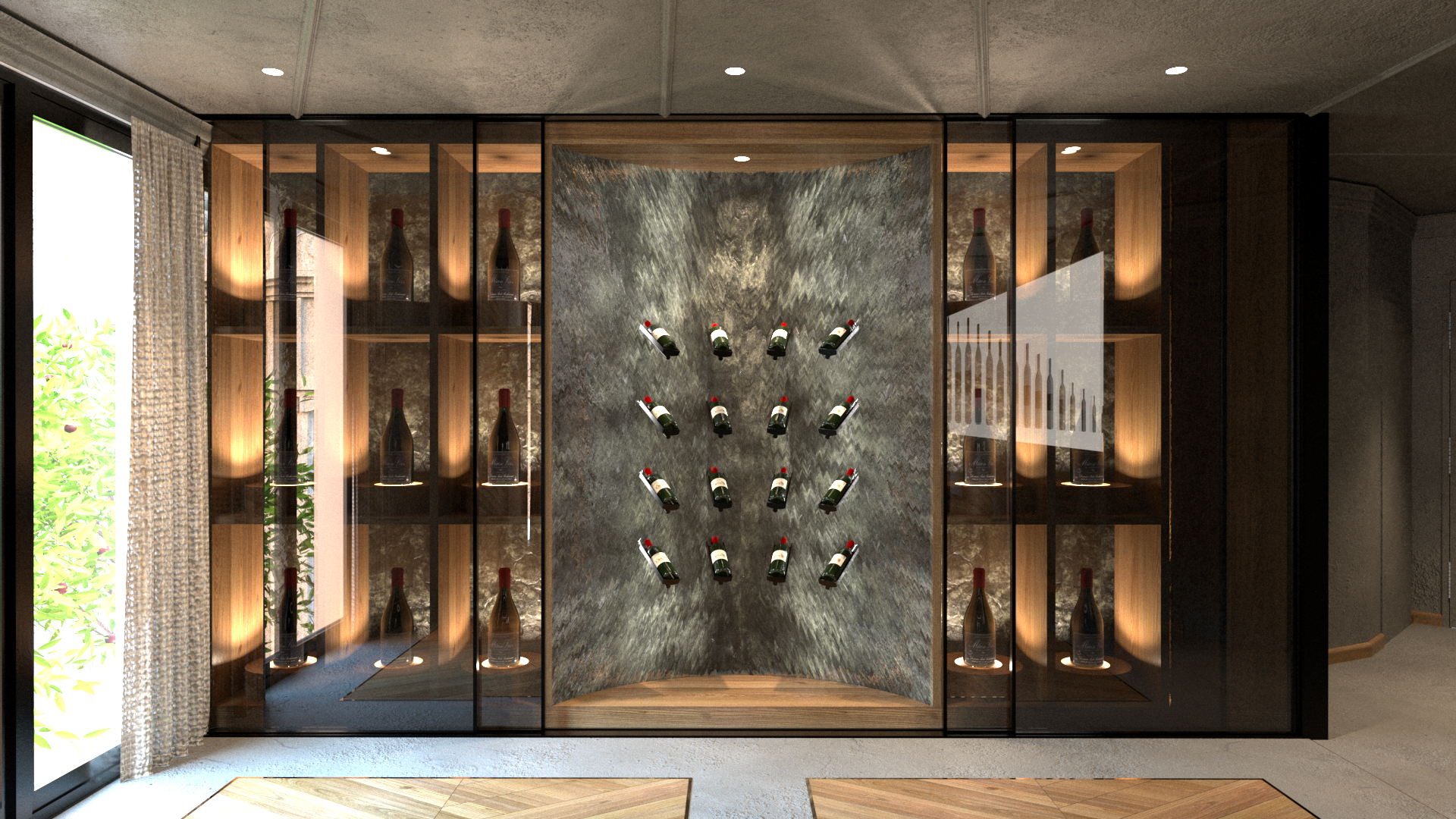 Vitrine cave à vin avec bouteilles encastrées dans un mur en pierre, éclairée en douceur, avec une fenêtre à gauche et des rideaux. Appartement haut de gamme rénové selon le thème du vin à Neuilly sur Seine.
