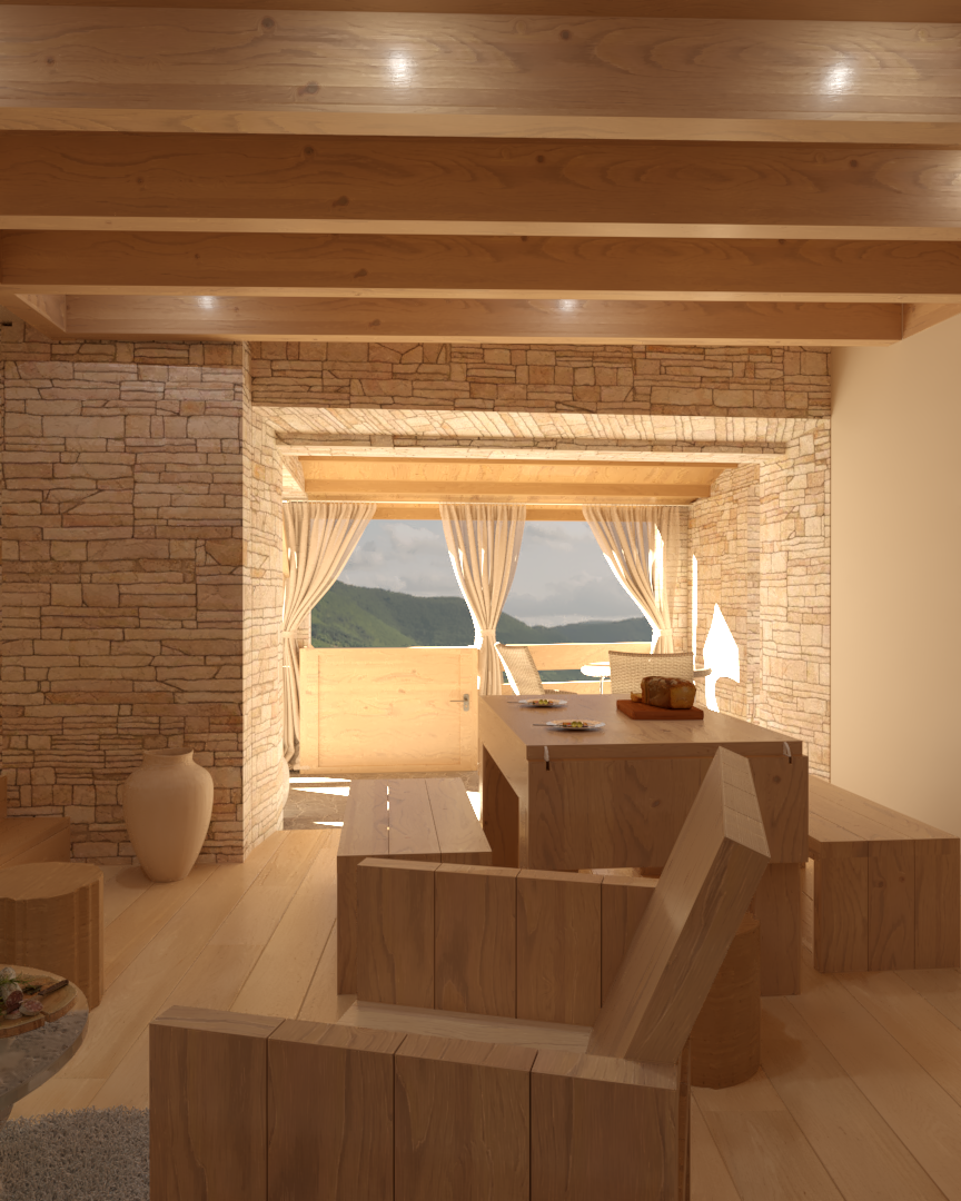 Intérieur d'une pièce en bois avec vue sur des montagnes, avec des voilages clairs et un mobilier en bois naturel.