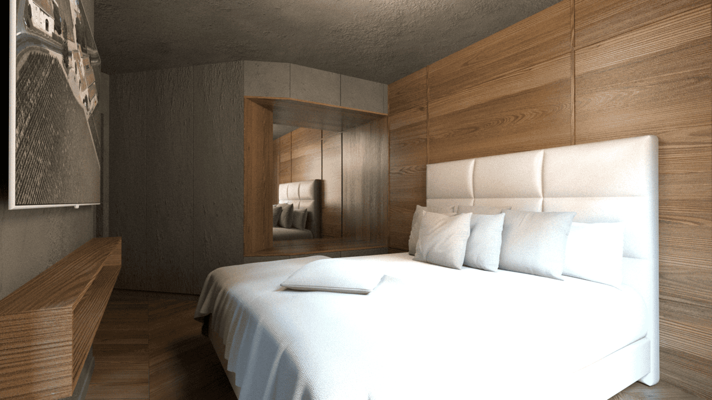 Une chambre moderne avec un lit blanc, une tête de lit rembourrée, des coussins gris, un mur en bois, un miroir rectangulaire et une peinture murale d'un paysage rural. Appartement haut de gamme rénové selon le thème du vin à Neuilly sur Seine.