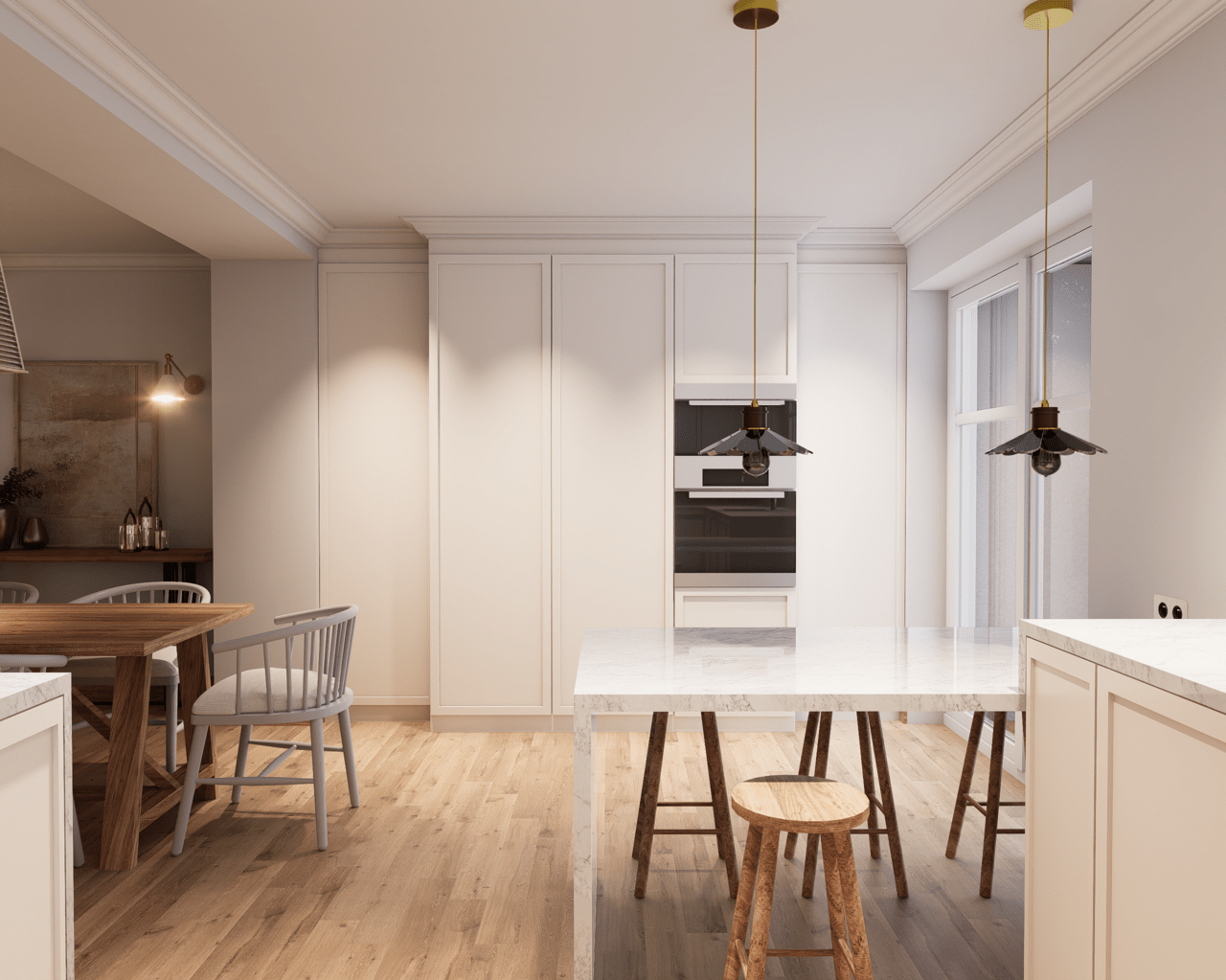 Rénovation haut de gamme d'une maison Anglaise avec cuisine moderne avec îlot central, plans de travail en marbre, et sièges en bois. Agencement sur mesure, style rustique.