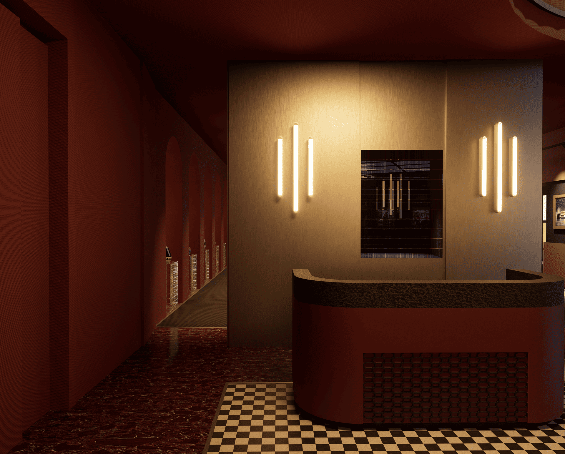 Intérieur moderne avec mur beige, éléments lumineux encastrés, comptoir arrondi en bois foncé, sols en marbre rouge-brun, tapis noir et blanc en damier, et affiches encadrées sur le mur.