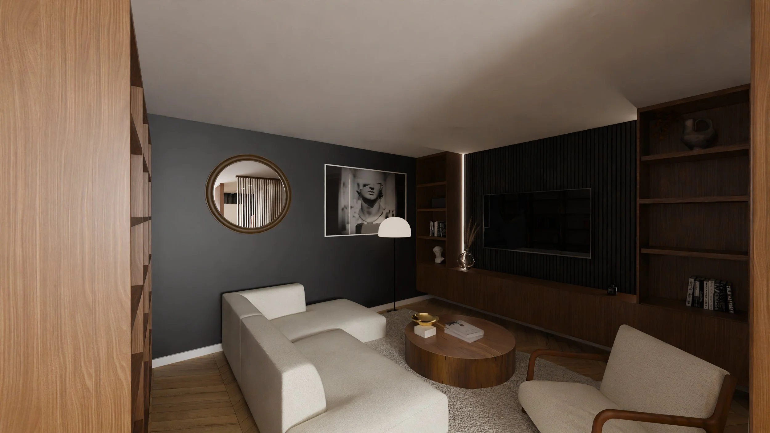 Rénovation haut de gamme d'un appartement avec salon moderne avec canapés blancs, table basse en bois, fauteuils en bois, étagères en bois noir, télévision murale, lampadaire à pied, décoration minimaliste. Agencement sur mesures.