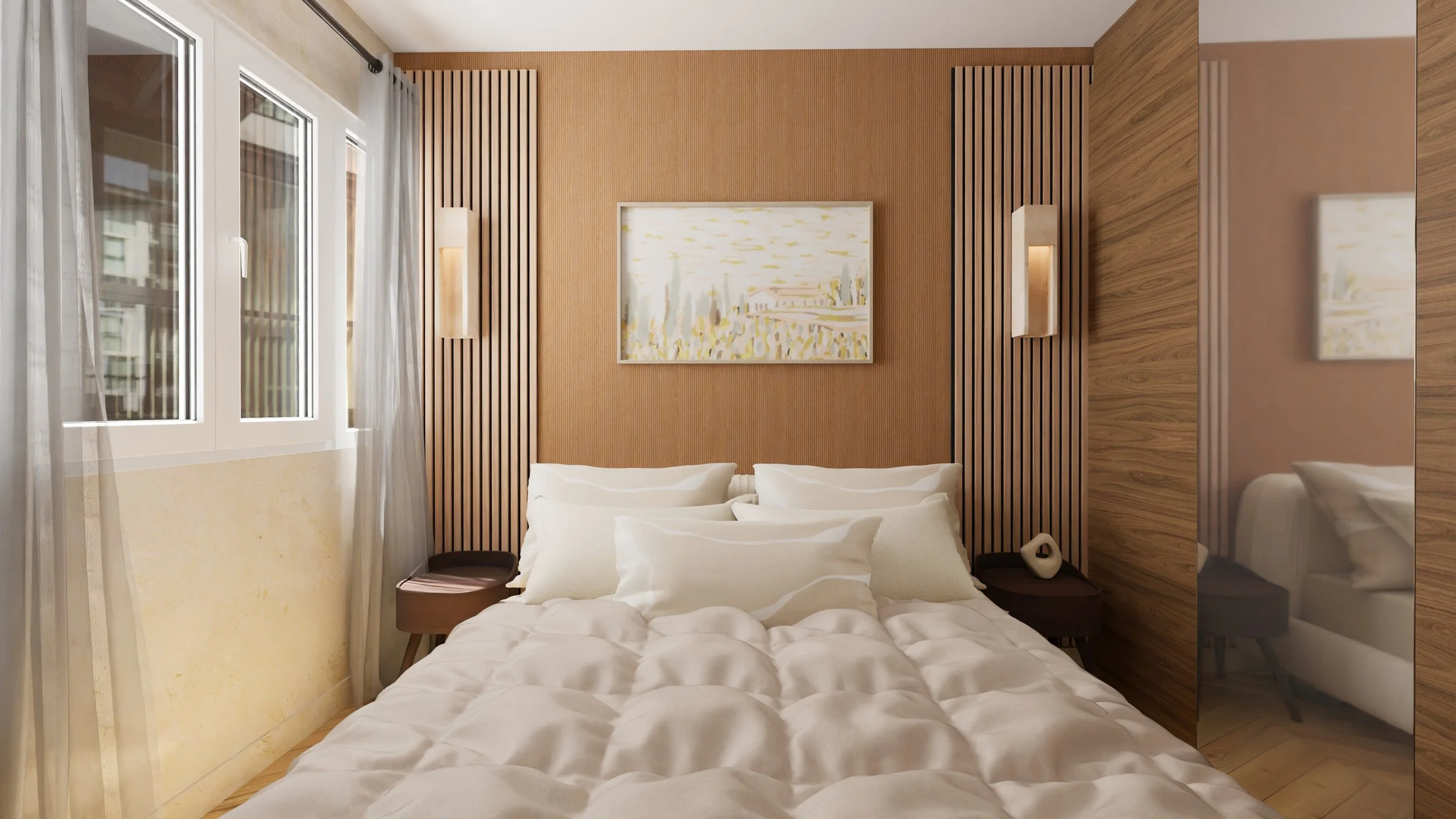 Rénovation haut de gamme d'un appartement dans Paris 12 avec chambre moderne avec lit blanc, murs en bois, miroir mural, peinture abstraite et porte en bois. Agencement sur mesures.
