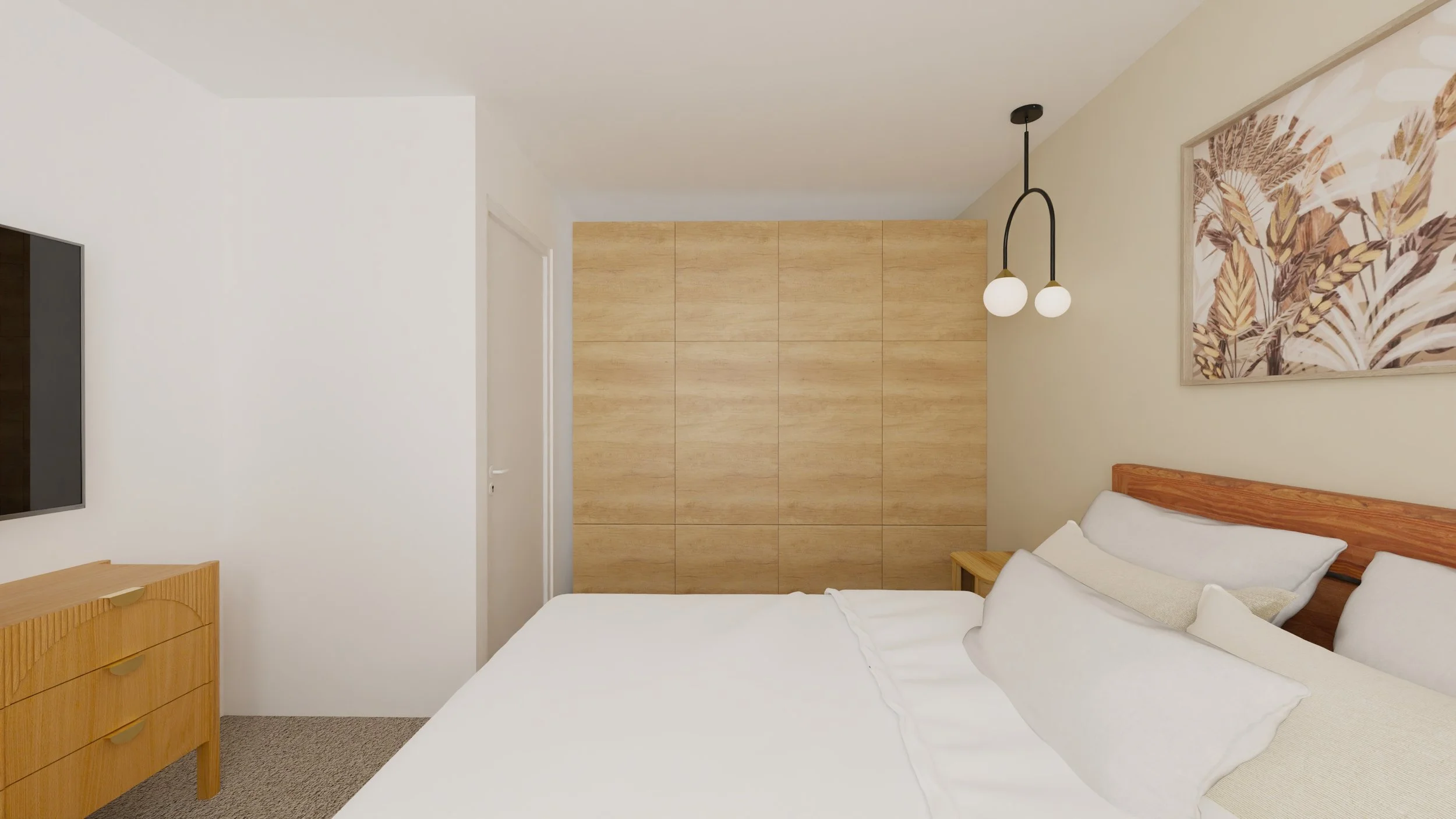 Rénovation haut de gamme d'un appartement à Valdahon avec chambre moderne avec lit, suspension à deux lampes, tableau de feuilles, mobilier en bois clair, murs blancs et sol en tapis beige. Agencement sur mesures.