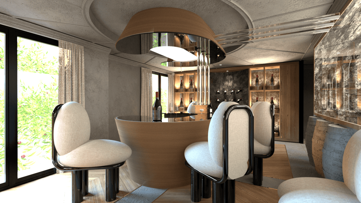 Appartement rénové haut de gamme situé à Neuilly sur seine sur le thème du vin. On y retrouve une gamme de vins derrière une vitre en verre, un luminaire suspendu design, des chaises design inspiration du vin.
