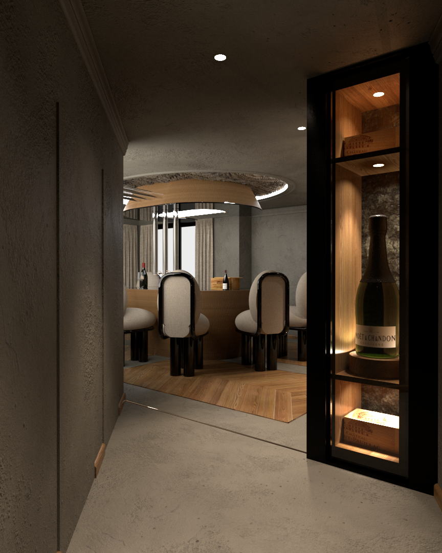 Une salle à manger élégante avec un bar oval en bois, des chaises rembourrées blanches autour, et une cabine de rangement avec une bouteille de champagne Moët & Chandon. Appartement haut de gamme rénové selon le thème du vin à Neuilly sur Seine.