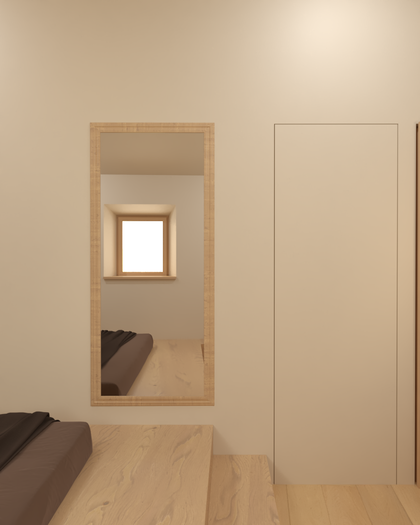 Rénovation haut de gamme d'une maison dans l'Aveyron, à Cantobre avec chambre minimaliste avec un lit en bois près d'une fenêtre, un miroir encadré en bois sur le mur, et une porte blanche. Agencement sur mesures.