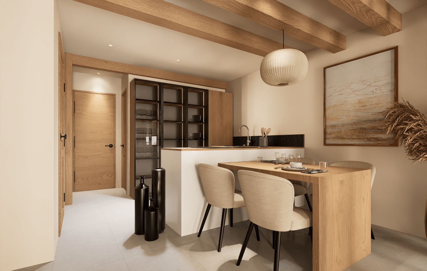 Projet de rénovation d'un appartement avec une cuisine moderne avec des armoires en bois, un évier en acier inoxydable, une table en bois et des suspensions en bois. Agencement sur mesure.