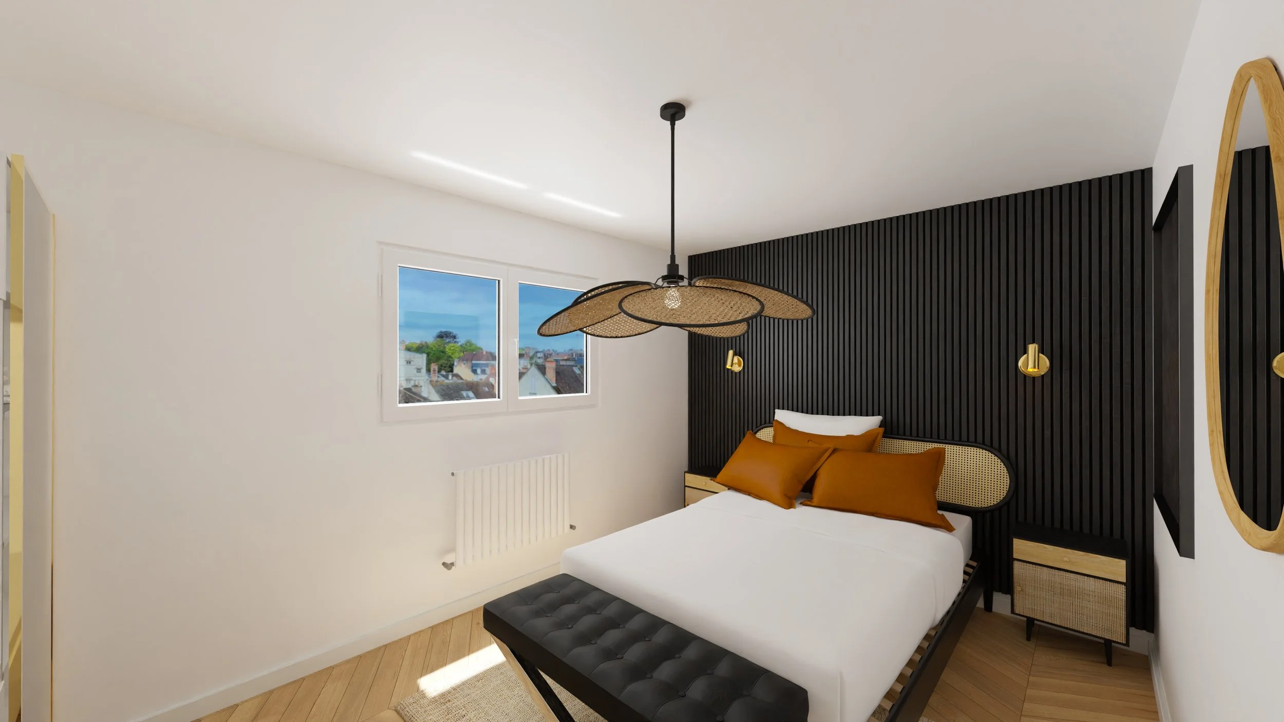 Rénovation haut de gamme d'un appartement avec chambre moderne avec lit blanc, tête de lit en bois et noir, lampe suspendue en rotin au plafond, mur blanc avec deux fenêtres laissant entrer la lumière. Agencement sur mesures