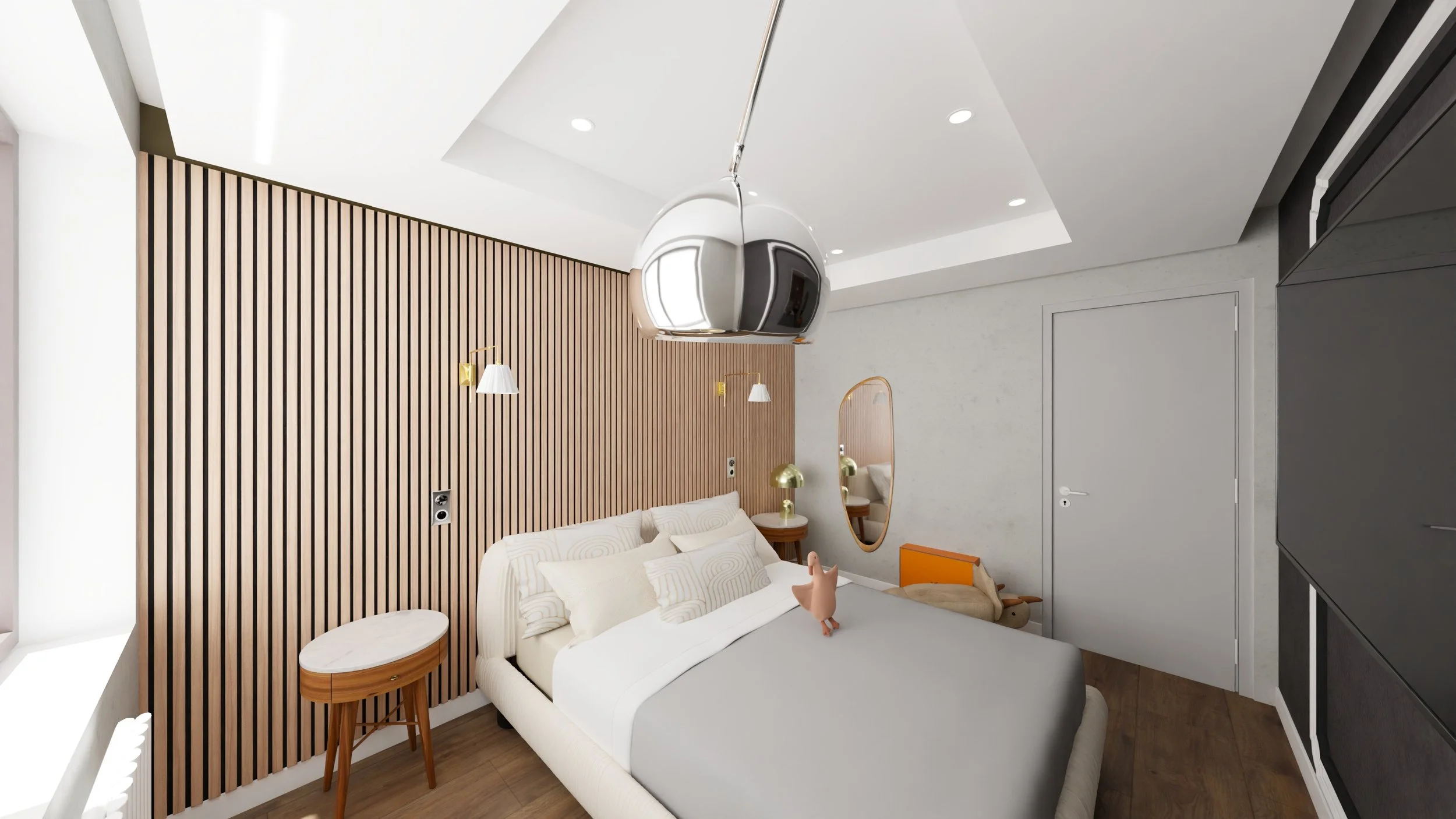 Rénovation d'un appartement en Moldavie avec une chambre moderne avec un mur en bois vertical, un lit blanc, une grande fenêtre laissant entrer la lumière naturelle et une lampe en arc argentée. Agencement haut de gamme sur mesure.