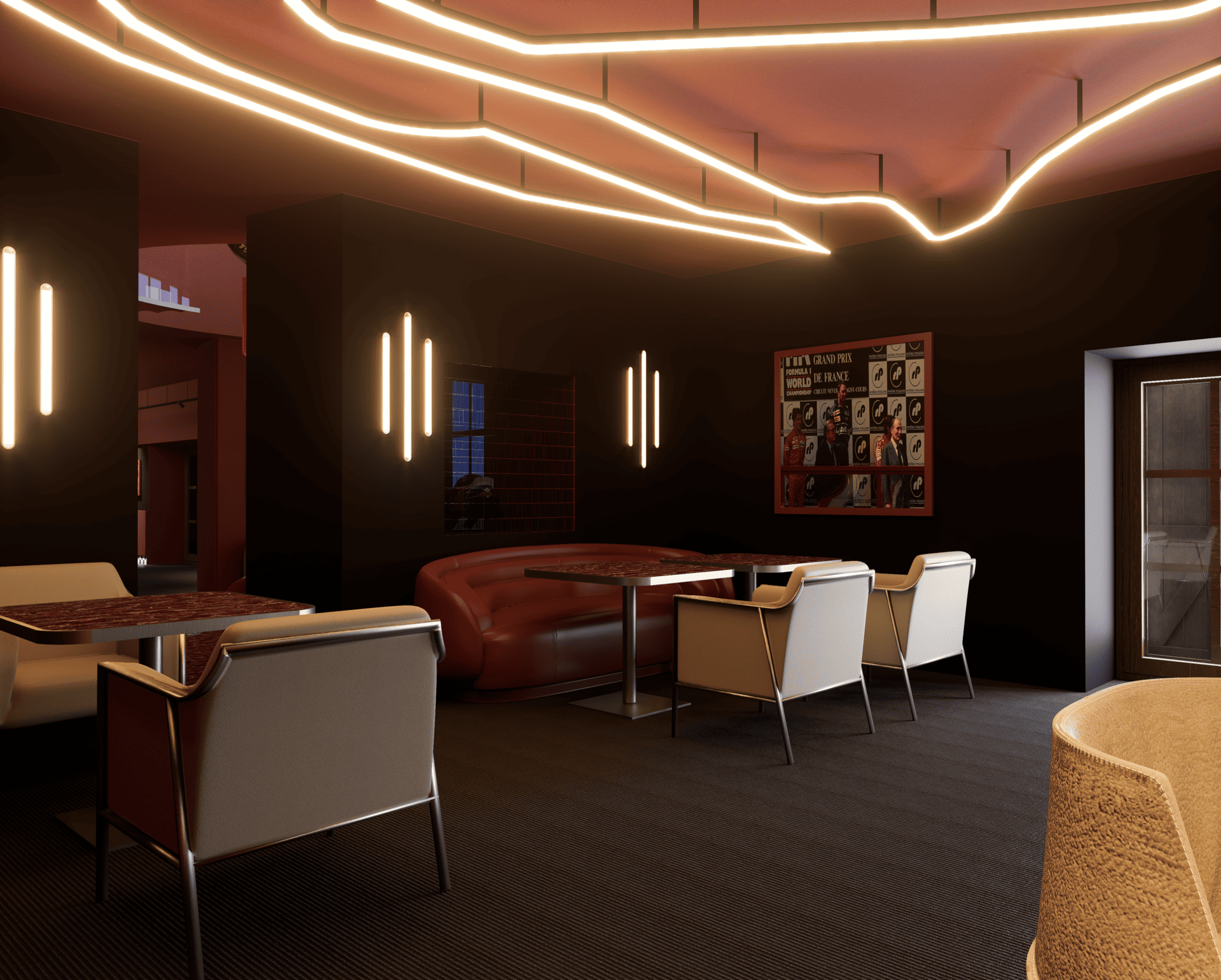Intérieur d'un bar avec un mobilier moderne, des lampes suspendues au plafond et un mur avec une affiche de F1.