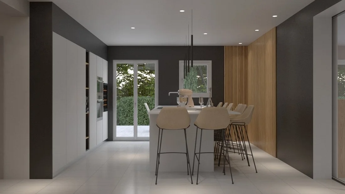 Rénovation haut de gamme d'une maison à Charnay avec cuisine moderne comprenant une table de bar, chaises beige, murs gris et en bois, grandes fenêtres avec vue sur un jardin. Agencement sur mesure.
