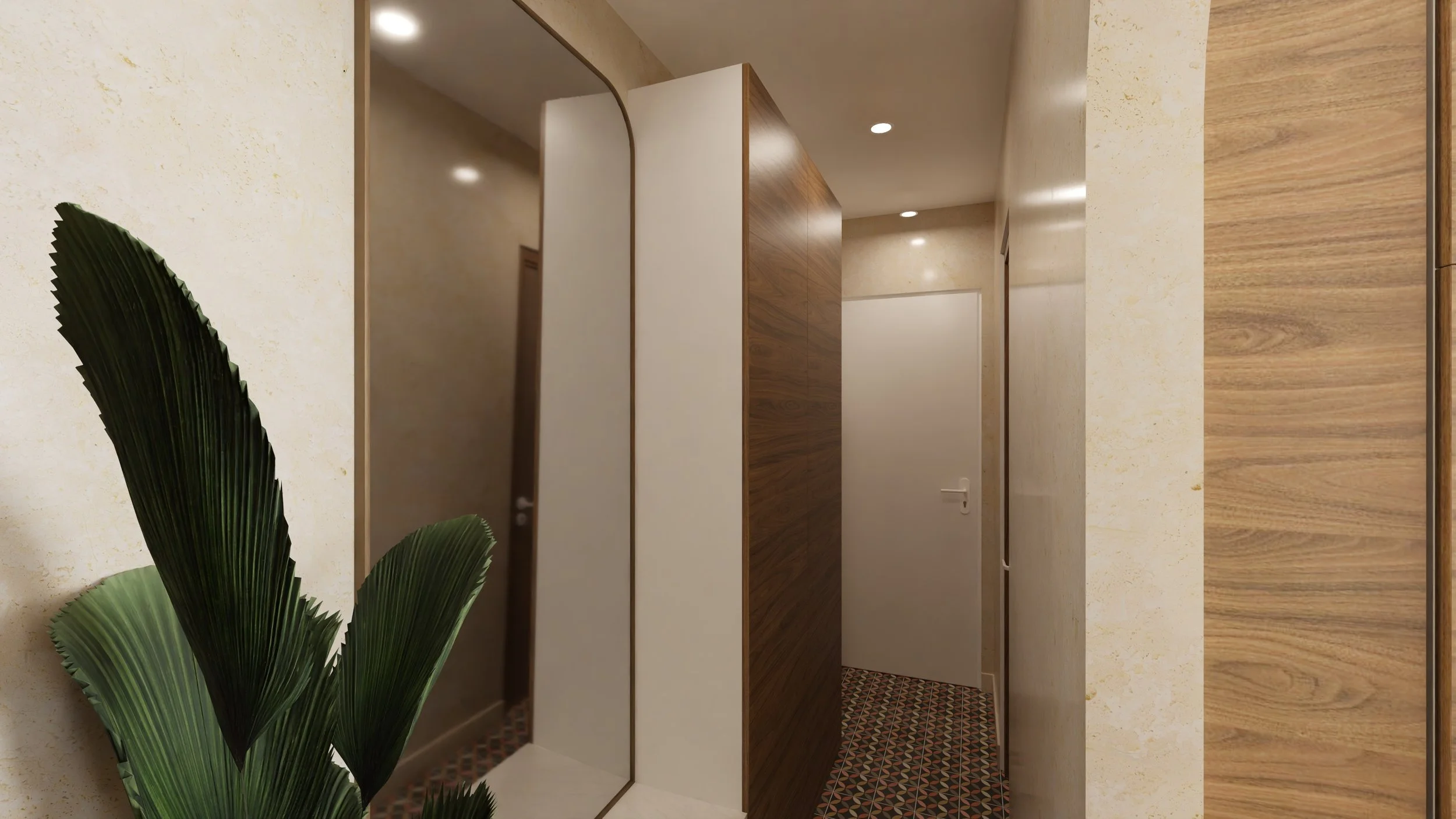 Rénovation haut de gamme d'un appartement dans Paris 12 avec entrée moderne avec miroirs, murs en pierre beige, et plantes vertes. Agencement sur mesures