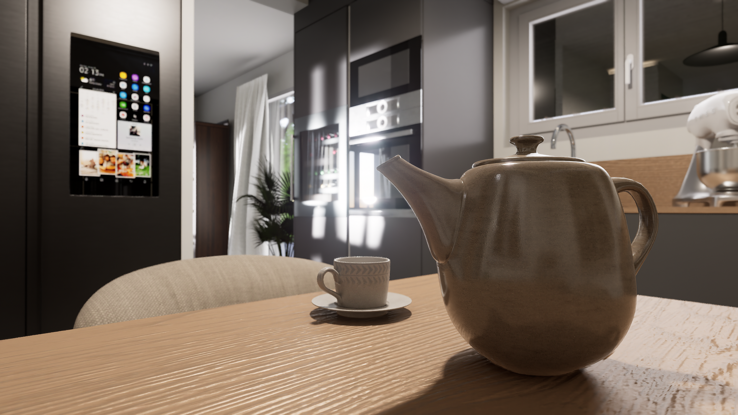 Projet de rénovation d'une maison avec une cuisine moderne avec un réfrigérateur, un four, un évier, un robot de cuisine, un placard en verre et une fenêtre laissant passer la lumière. Agencement haut de gamme sur mesure.