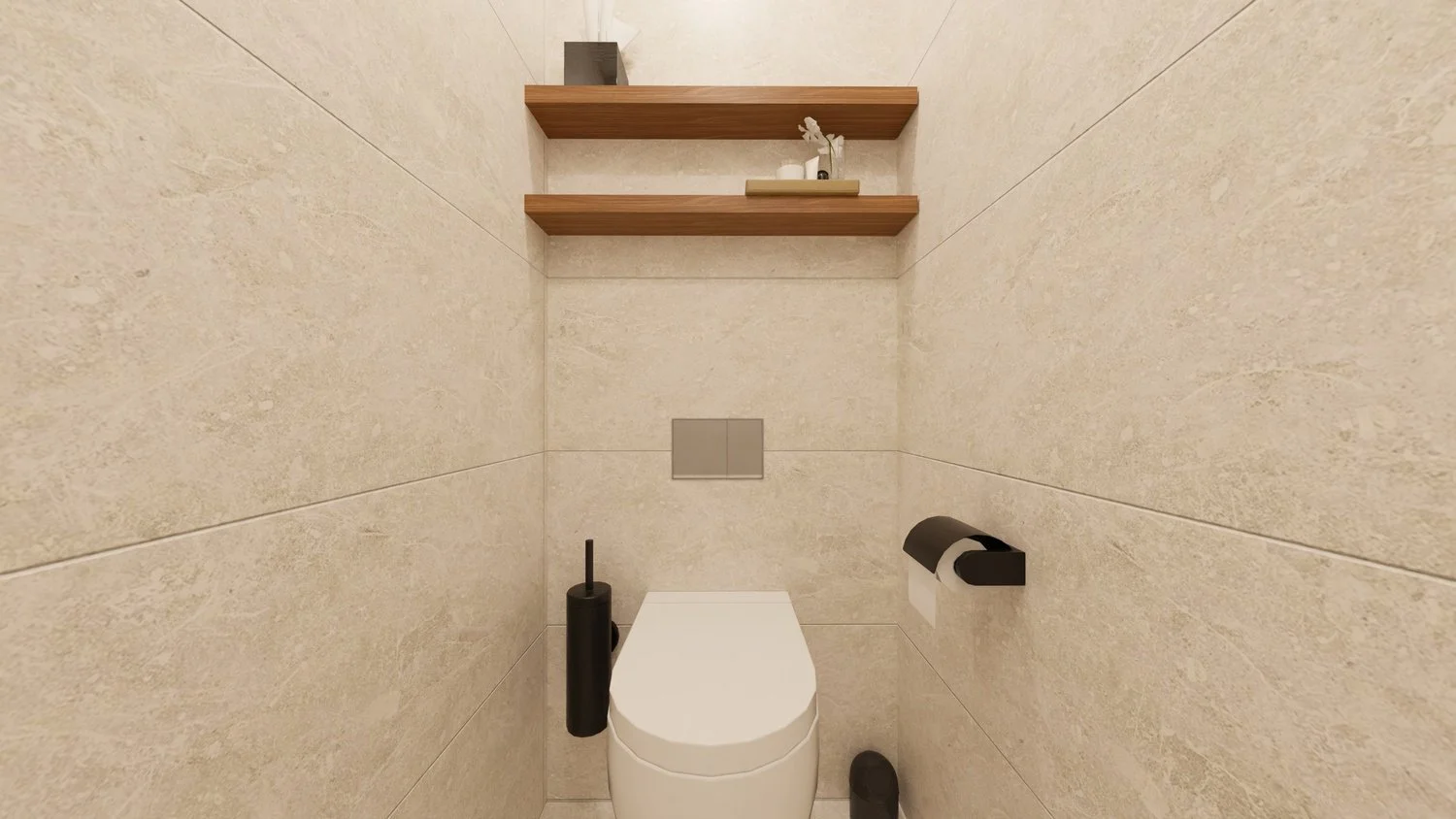 Rénovation haut de gamme d'un appartement avec toilettes modernes dans une cabine avec des murs en pierre beige, une étagère en bois avec des plantes et des objets décoratifs. Agencement sur mesures.