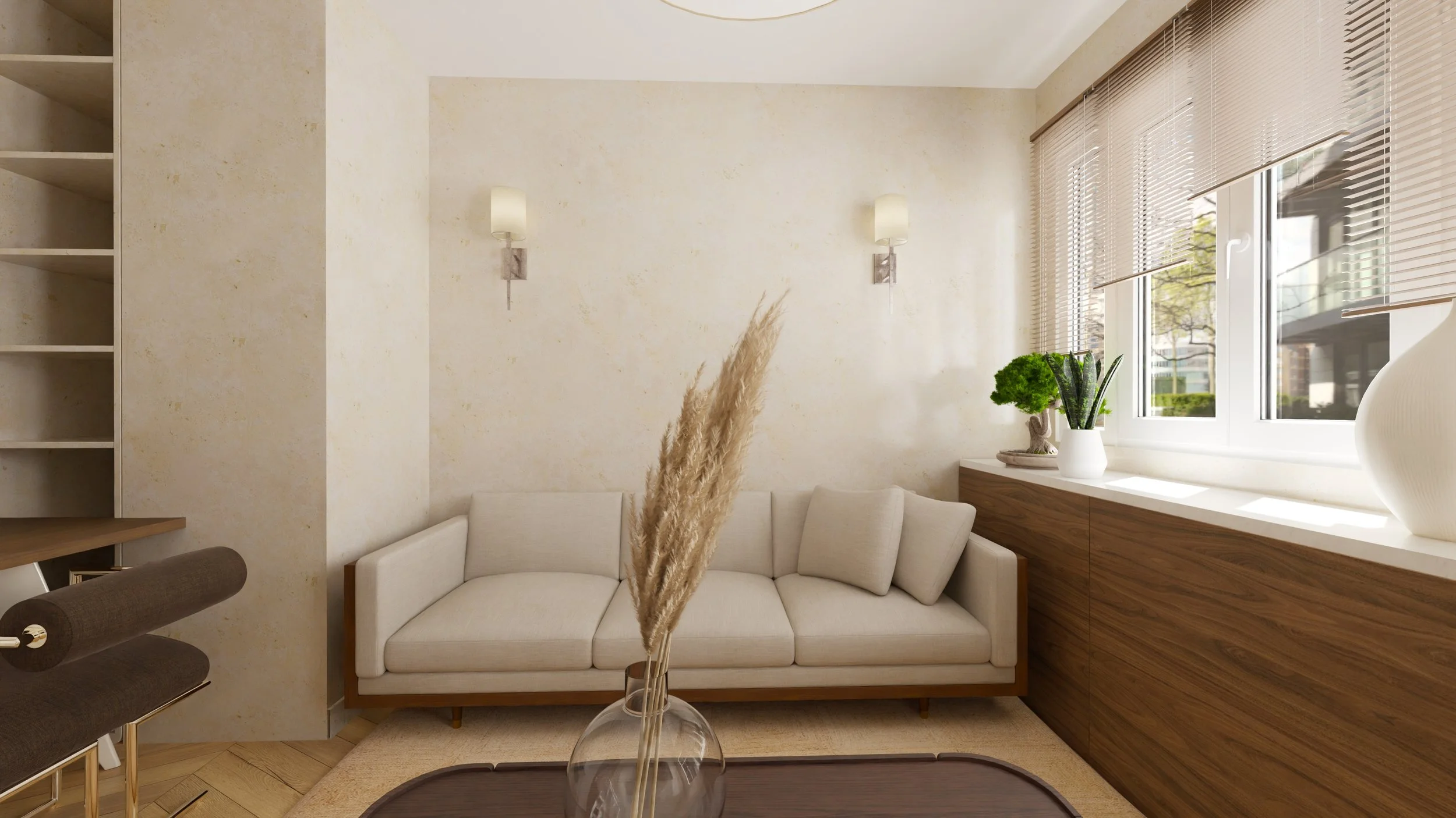 Rénovation haut de gamme d'un appartement dans Paris 12 avec salon moderne avec canapé blanc, table basse en bois foncé, décoration végétale, volets en bois, mur beige, tableau, éclairage moderne, grande fenêtre. Agencement sur mesures.