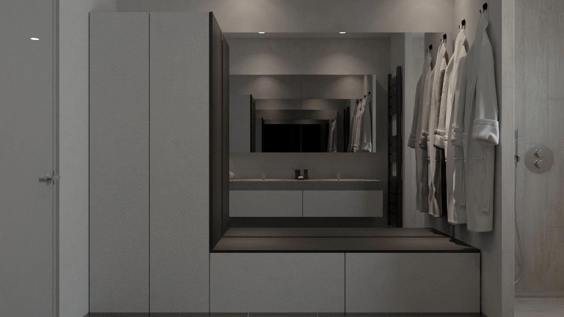 Rénovation haut de gamme d'une maison à Charnay avec une salle de bain dans des tons bruts, béton ciré gris clair, agencement sur mesures avec colonnes de rangement et banc.
