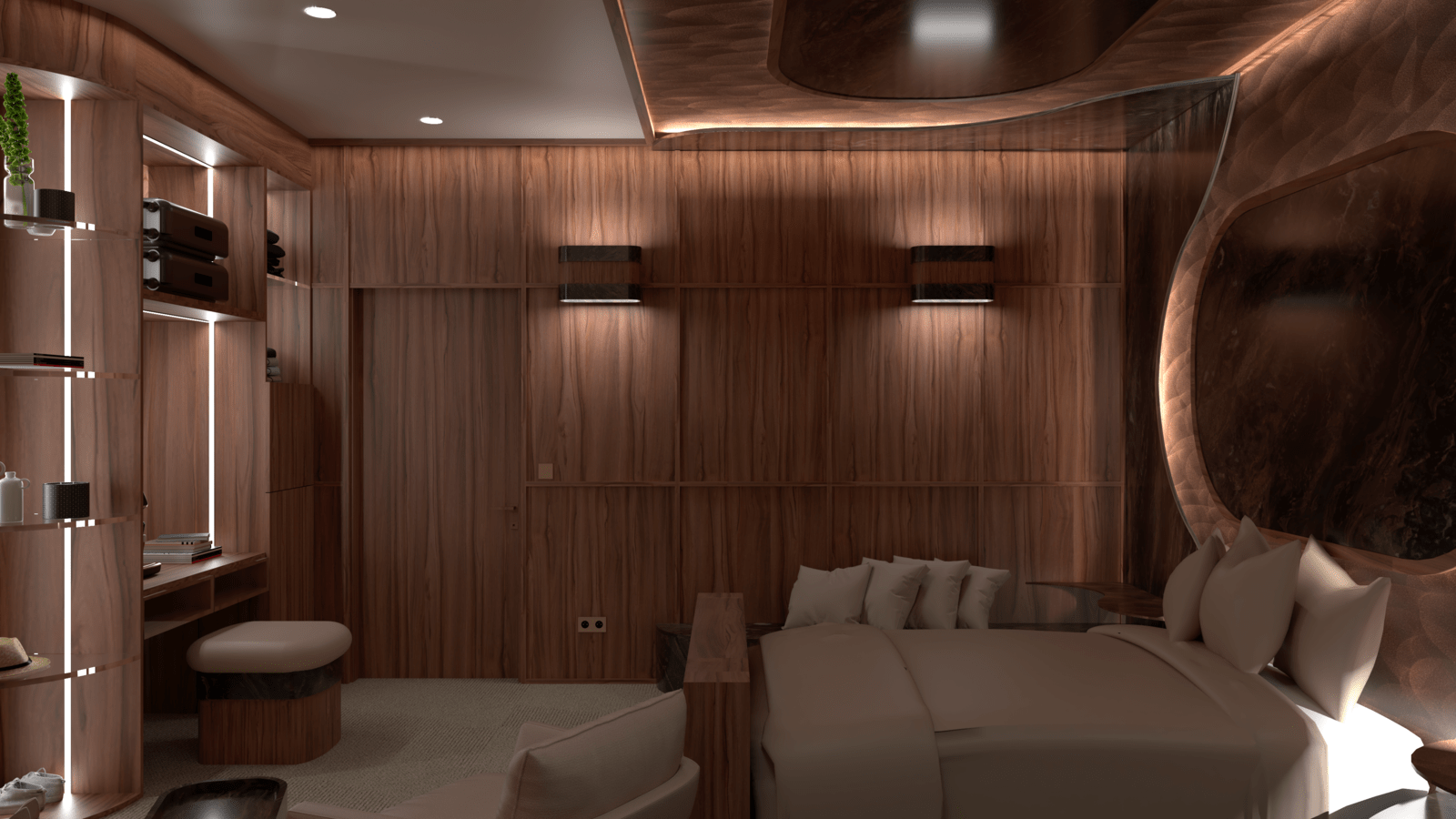 Intérieur d'une chambre avec murs en bois, un canapé beige, une table en bois, et une décoration moderne avec des lumières intégrées.