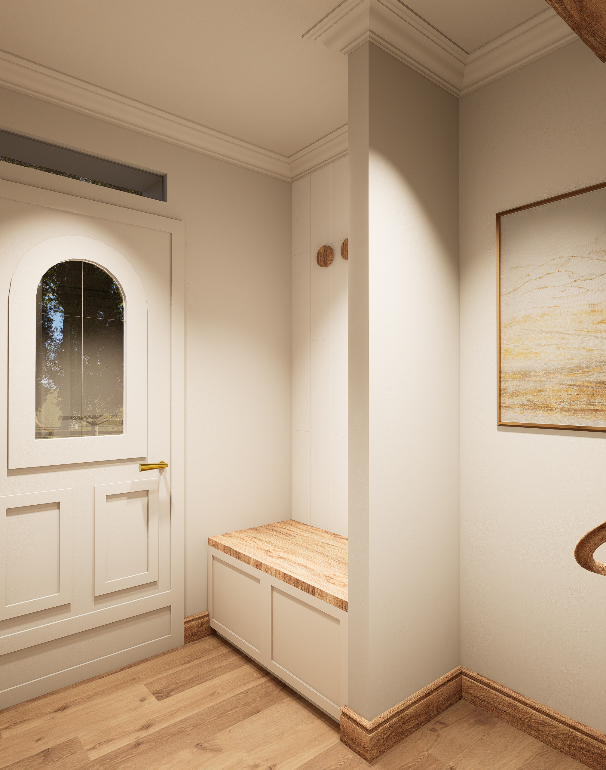 Rénovation haut de gamme d'une maison Anglaise avec entrée avec un meuble blanc, une porte en bois blanc avec un miroir, un plan en bois clair, mur clair, tableau abstrait au mur. Agencement sur mesure, style rustique.
