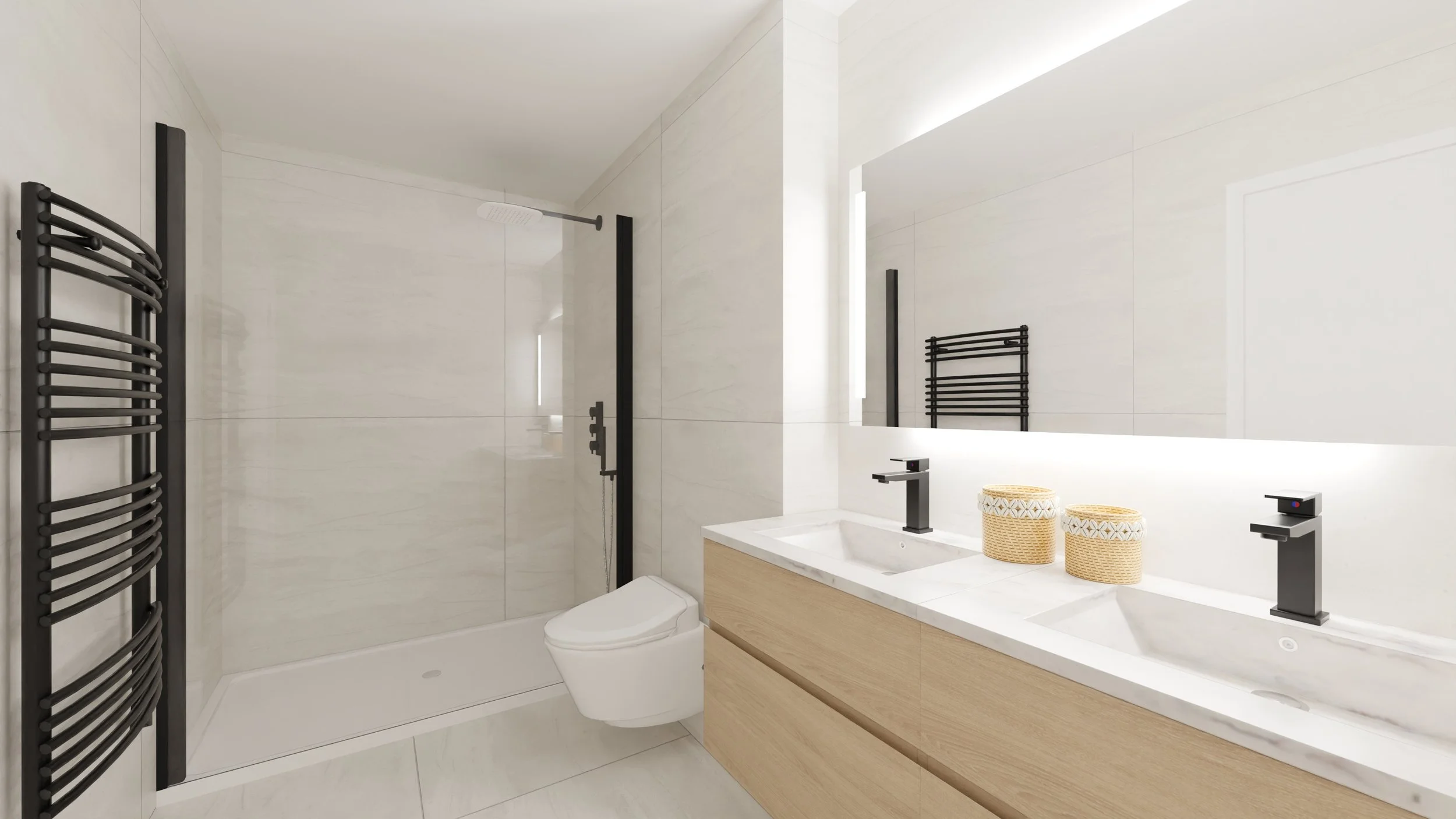 Rénovation haut de gamme d'un appartement à Valdahon avec salle de bain moderne avec double lavabo, grand miroir, et douche à l'italienne avec paroi en verre, toilettes suspendues, radiateur à barres noires. Agencement sur mesures