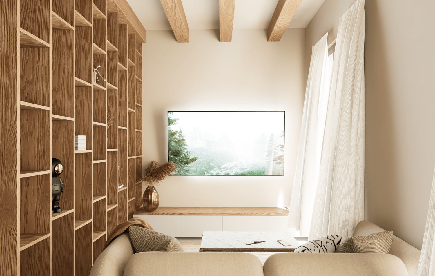 Projet de rénovation d'un appartement avec salon avec étagère en bois, canapé beige, table en marbre, grande fenêtre avec rideaux blancs, décoration moderne et lumineuse. Agencement sur mesure.