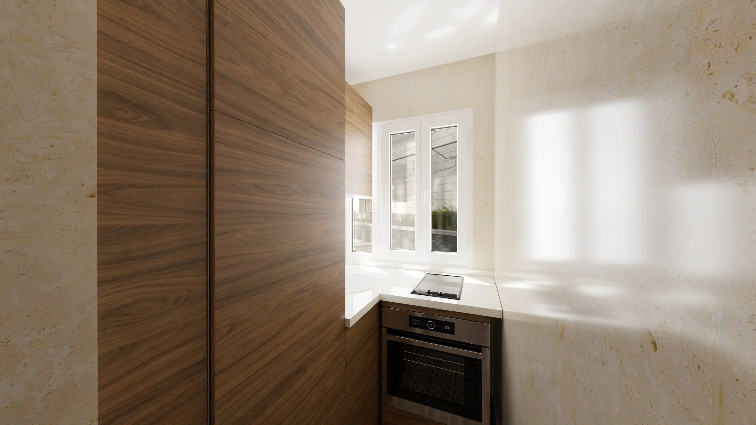 Rénovation haut de gamme d'un appartement dans Paris 12 avec cuisine moderne avec des armoires en bois, une fenêtre avec des volets en cristal, et un four intégré. Agencement sur mesures.