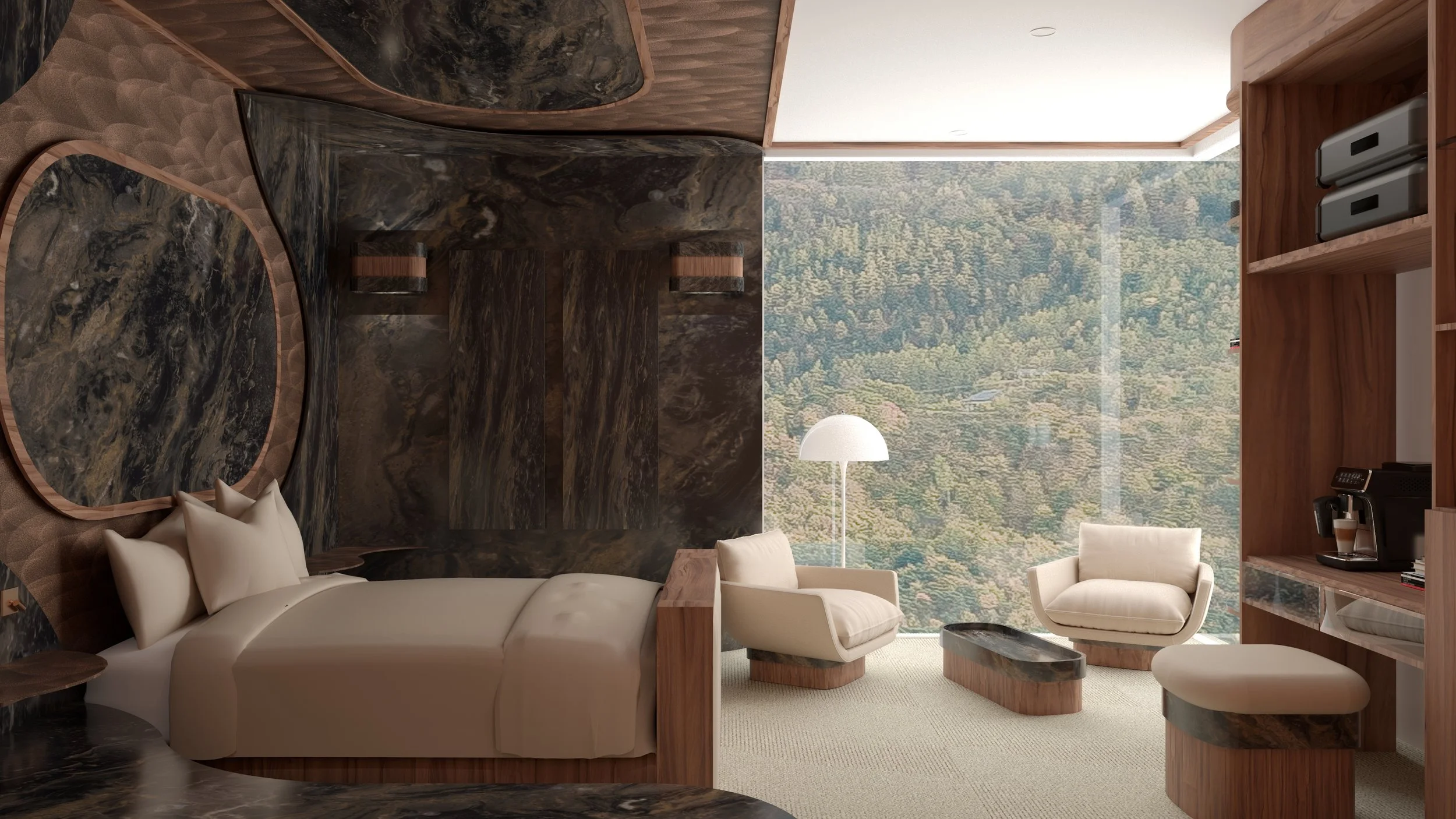 Vue intérieure d'une chambre d'hôtel 4 étoiles avec un mobilier en Formica, fauteuils et canapé en tissu blanc, un lampadaire, une grande fenêtre avec vue sur une forêt de montagne, et une étagère en bois. Concours national d'architecte d'intérieur.