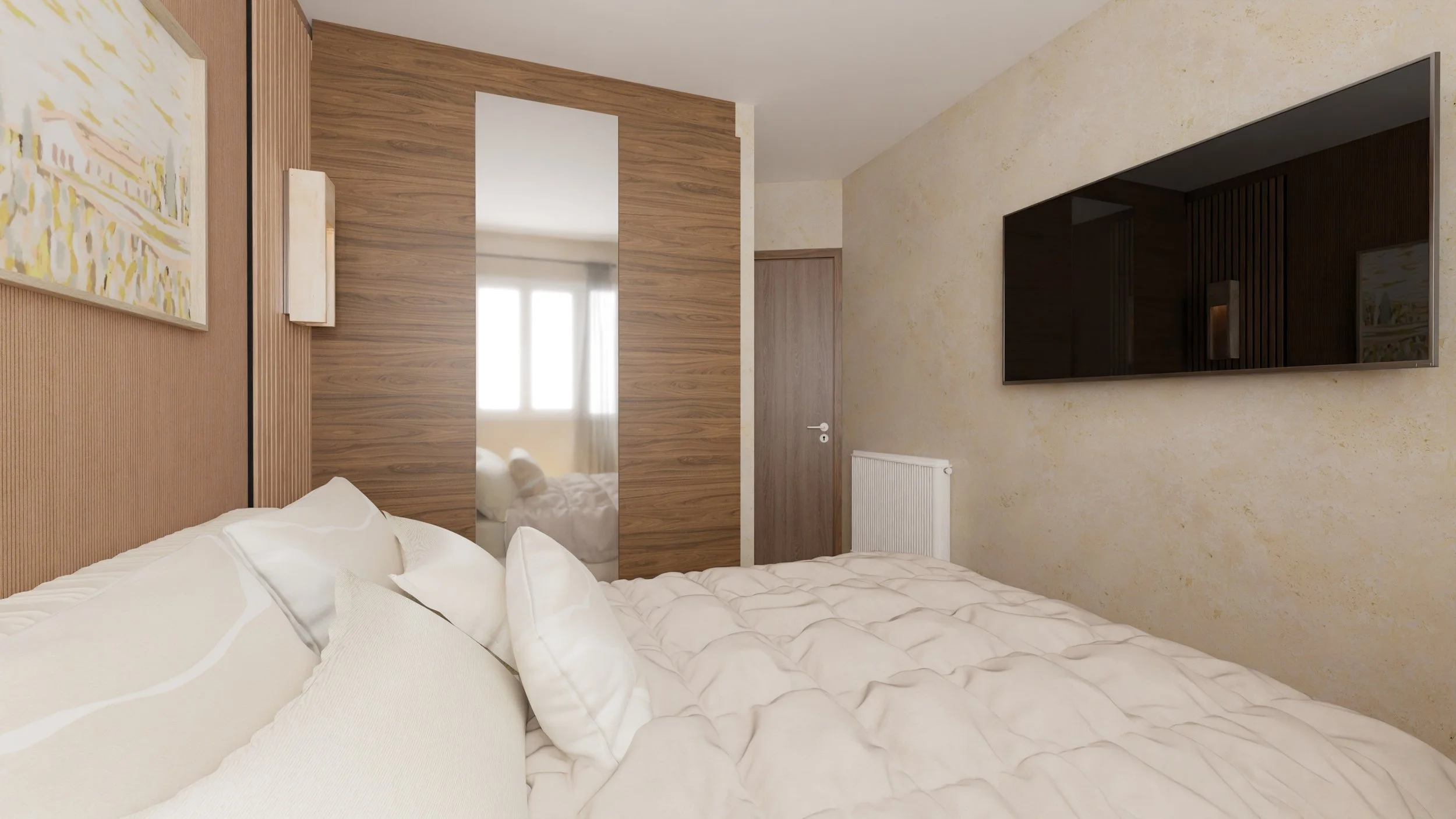 Rénovation haut de gamme d'un appartement dans Paris 12 avec chambre avec lit blanc, mur en bois derrière le lit, mur beige avec un grand écran plat, miroir reflétant la pièce, porte en bois, décoration moderne. Agencement sur mesures