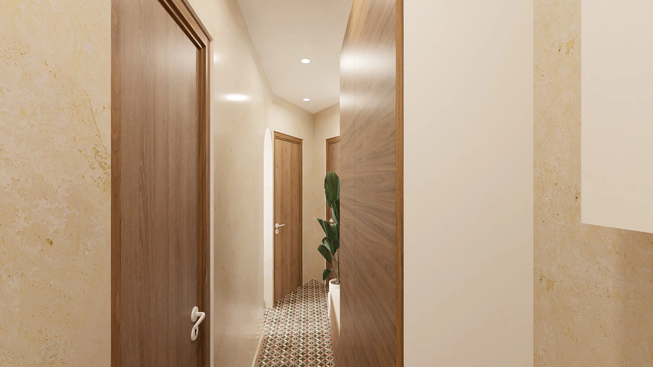 Rénovation haut de gamme d'un appartement dans Paris 12 avec entrée avec portes en bois, murs beige et sol en carrelage géométrique, plante verte dans un pot blanc. Agencement sur mesures